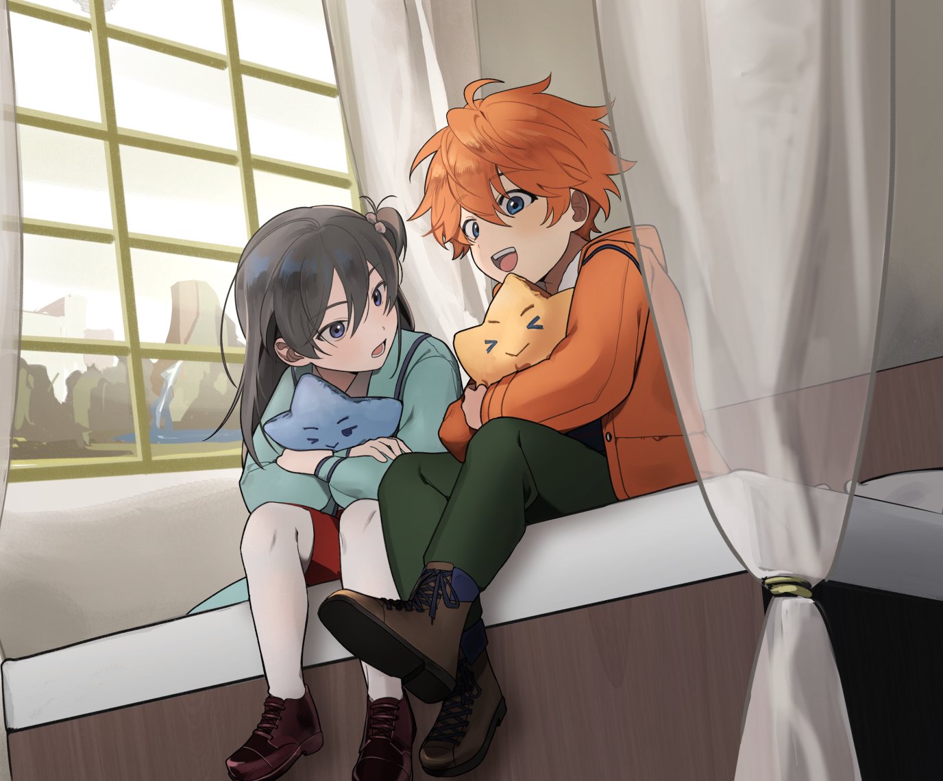 akehoshi subaru, hidaka hokuto, ensemble stars!, korean commentary, 2boys, aqua shirt, bbahot, black hair, blue eyes, crossdressing, crossdressing (mtf), curtains, from below, green pants, hair between eyes, half updo, holding, holding stuffed toy, indoors, jacket, long hair, long sleeves, looking at another, male focus, multiple boys, official alternate costume, on bed, open mouth, orange hair, orange jacket, pants, see-through curtains, shirt, short hair, sitting, smile, stuffed star, stuffed toy, window