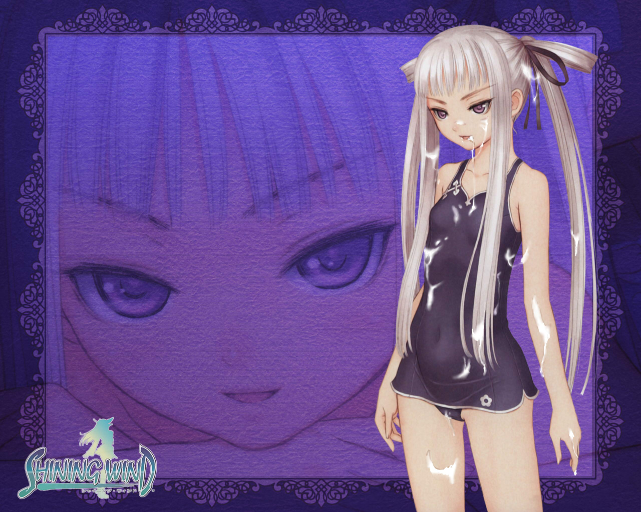 tony taka, houmei, sega, shining (series), shining wind, third-party edit, brown eyes, cum, cum on clothes, cum on hair, long hair, solo, swimsuit, white hair
