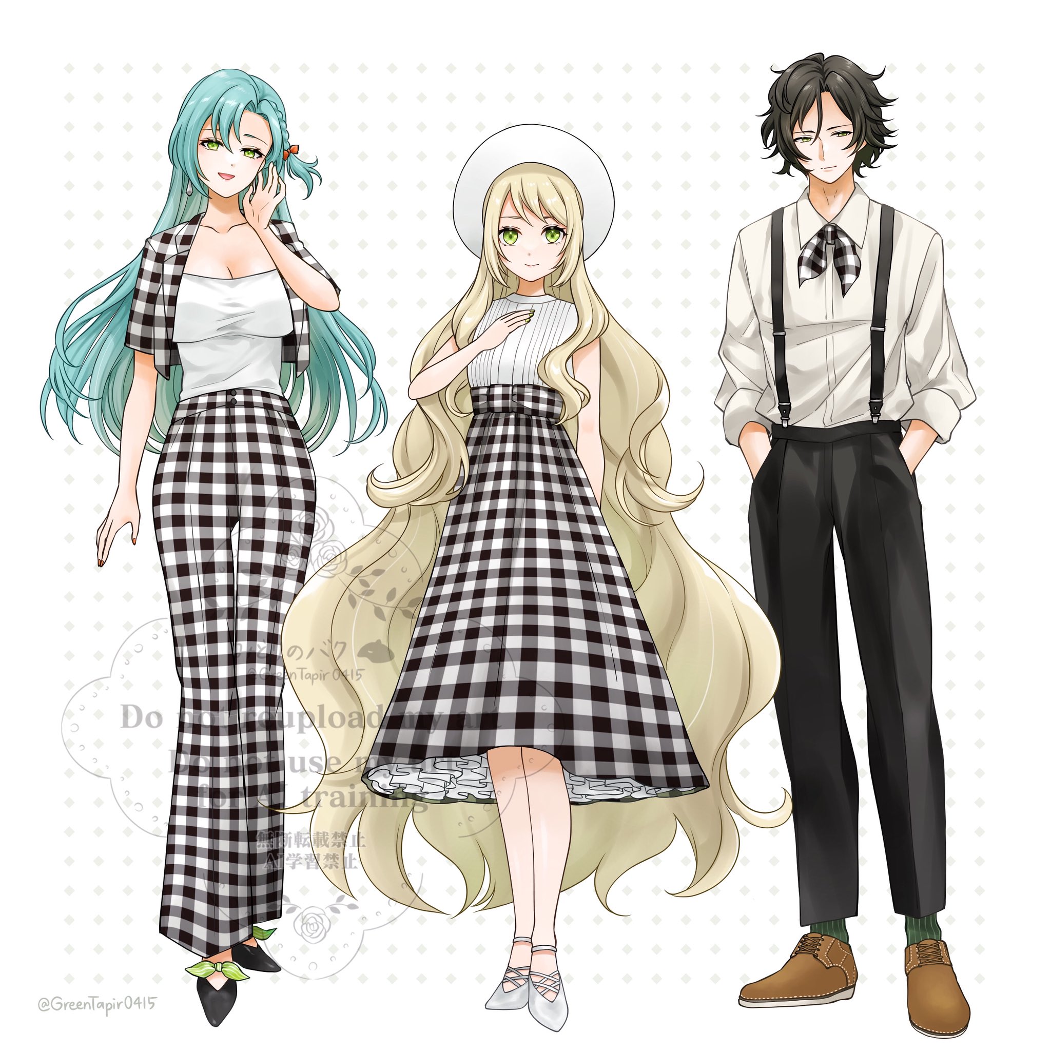 midori no baku, celine (fire emblem), chloe (fire emblem), louis (fire emblem), fire emblem, fire emblem engage, nintendo, highres, 1boy, 2girls, alternate costume, aqua hair, ascot, black hair, black pants, blonde hair, blue hair, blush, bow, braid, breasts, cleavage, closed mouth, collarbone, collared shirt, earrings, green eyes, hair bow, hat, jacket, jewelry, large breasts, long hair, long legs, long skirt, long sleeves, looking at viewer, multiple girls, open clothes, open jacket, open mouth, pants, plaid clothes, plaid skirt, red bow, shirt, shoes, short hair, side braid, skirt, smile, suspenders, teardrop earrings, very long hair, white hat, white shirt