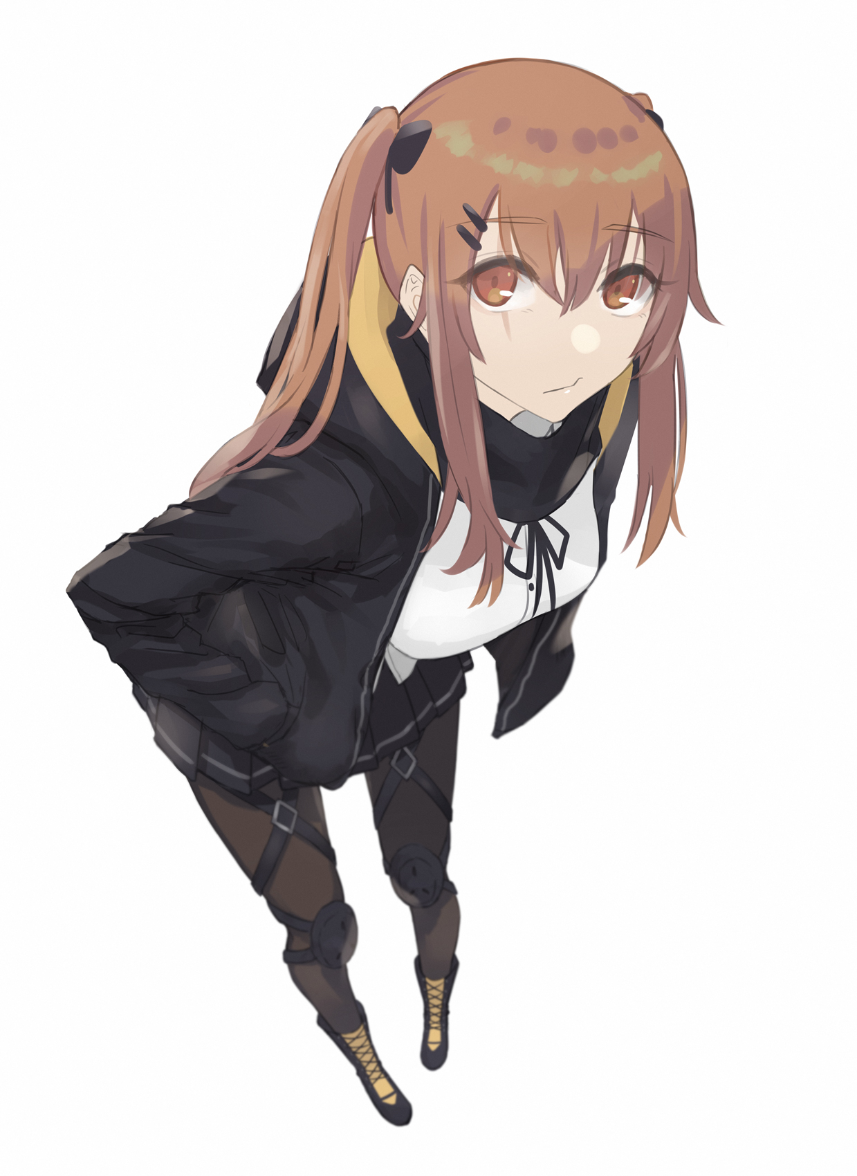 asakiri koko, ump9 (girls' frontline), girls' frontline, commentary request, highres, 1girl, bandana, bandana around neck, black boots, black bow, black jacket, black pantyhose, black ribbon, black skirt, boots, bow, breasts, brown hair, double-parted bangs, dress shirt, full body, hair between eyes, hair bow, hair ornament, hairclip, hands in pockets, hood, hood down, hooded jacket, jacket, knee pads, leaning forward, long sleeves, looking at viewer, medium breasts, neck ribbon, open clothes, open jacket, pantyhose, parallel hairclips, red eyes, ribbon, scar, scar across eye, scar on face, shirt, sidelocks, simple background, skirt, solo, thigh strap, twintails, white background, white shirt
