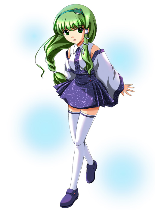 yamaguchi takashi, yamaguchi yuu, kochiya sanae, touhou, 1girl, bare shoulders, braid, female focus, green eyes, hair ornament, japanese clothes, miko, miniskirt, skirt, solo, thighhighs, white thighhighs