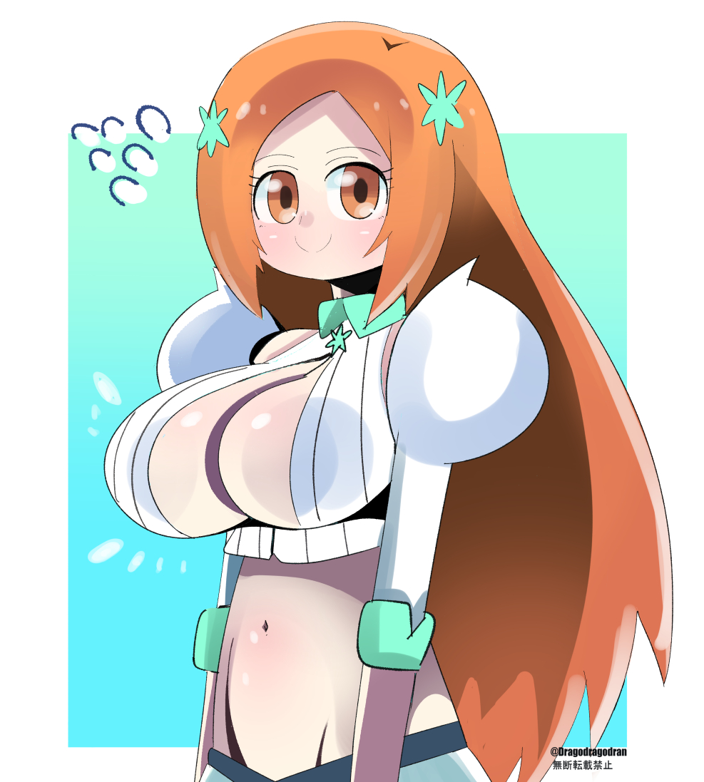 inoue orihime, bleach, bleach: sennen kessen-hen, tagme, 1girl, breasts, brown eyes, cleavage, cleavage cutout, clothing cutout, detached sleeves, hair ornament, large breasts, long hair, looking at viewer, midriff, orange hair