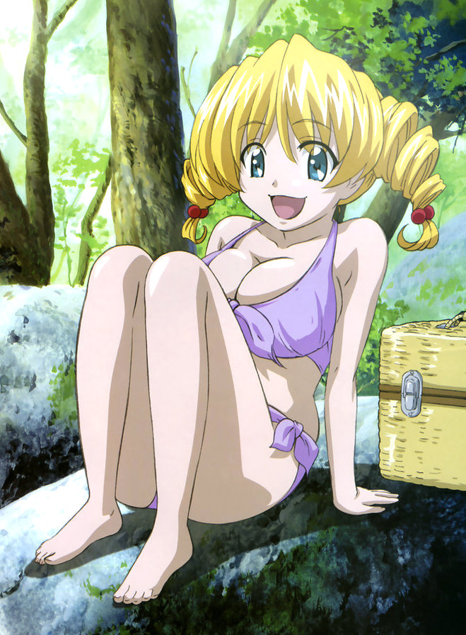 ochi shinji, isokawa nina, megami magazine, tona-gura!, cropped, non-web source, official art, 1girl, :d, arm support, barefoot, basket, bikini, blonde hair, blue eyes, breasts, bursting breasts, cleavage, day, drill hair, feet, female focus, forest, front-tie bikini top, front-tie top, full body, hair bobbles, hair ornament, happy, huge breasts, large breasts, looking at viewer, moss, nature, open mouth, outdoors, picnic basket, purple bikini, rock, shadow, side-tie bikini bottom, sitting, smile, solo, swimsuit, tree, twin drills, twintails