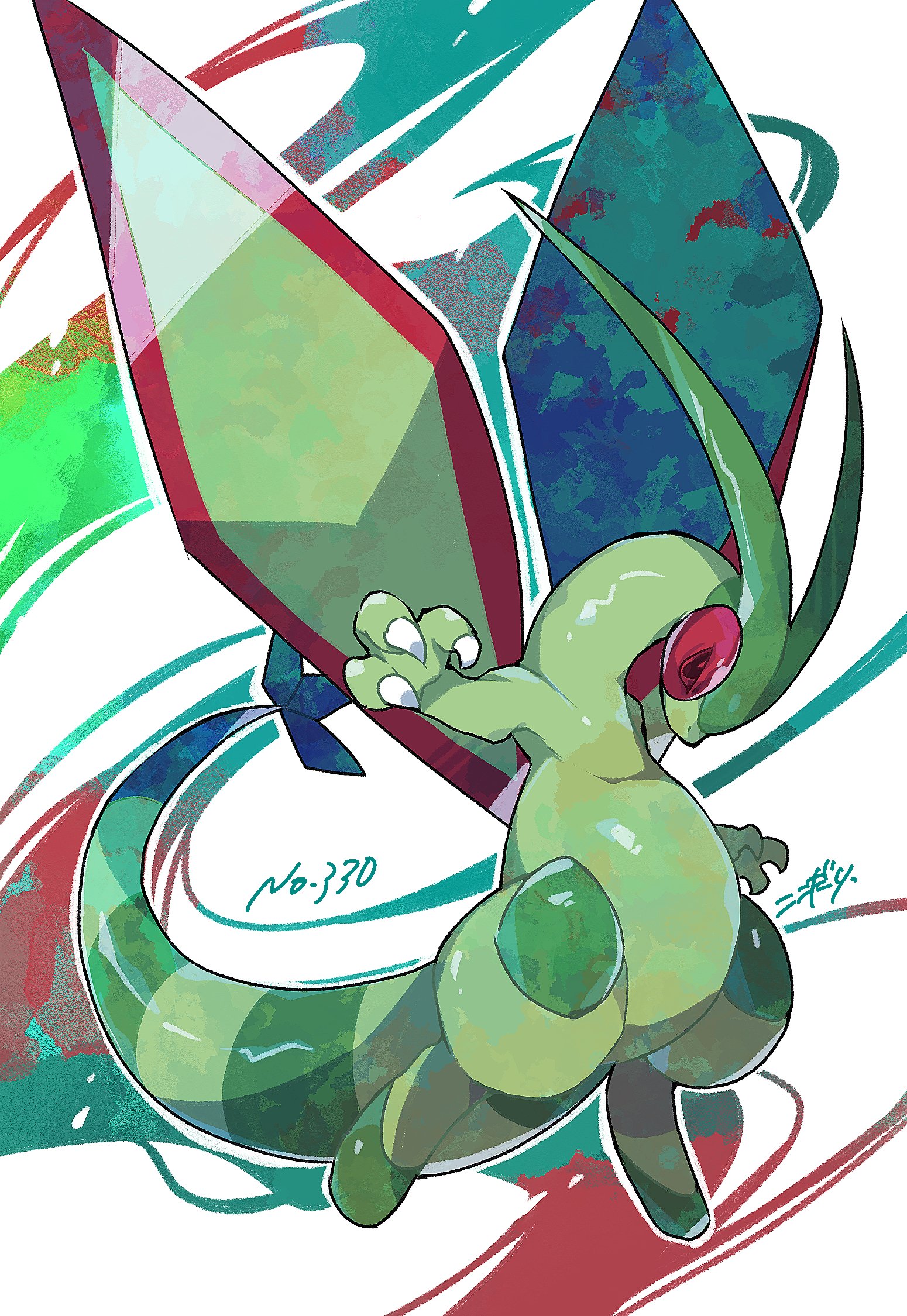 kokodari, flygon, nintendo, pokemon, highres, animal focus, claws, dragon, full body, gen 3 pokemon, green wings, no humans, pokemon (creature), pokemon focus, red eyes, solo, tail, wings