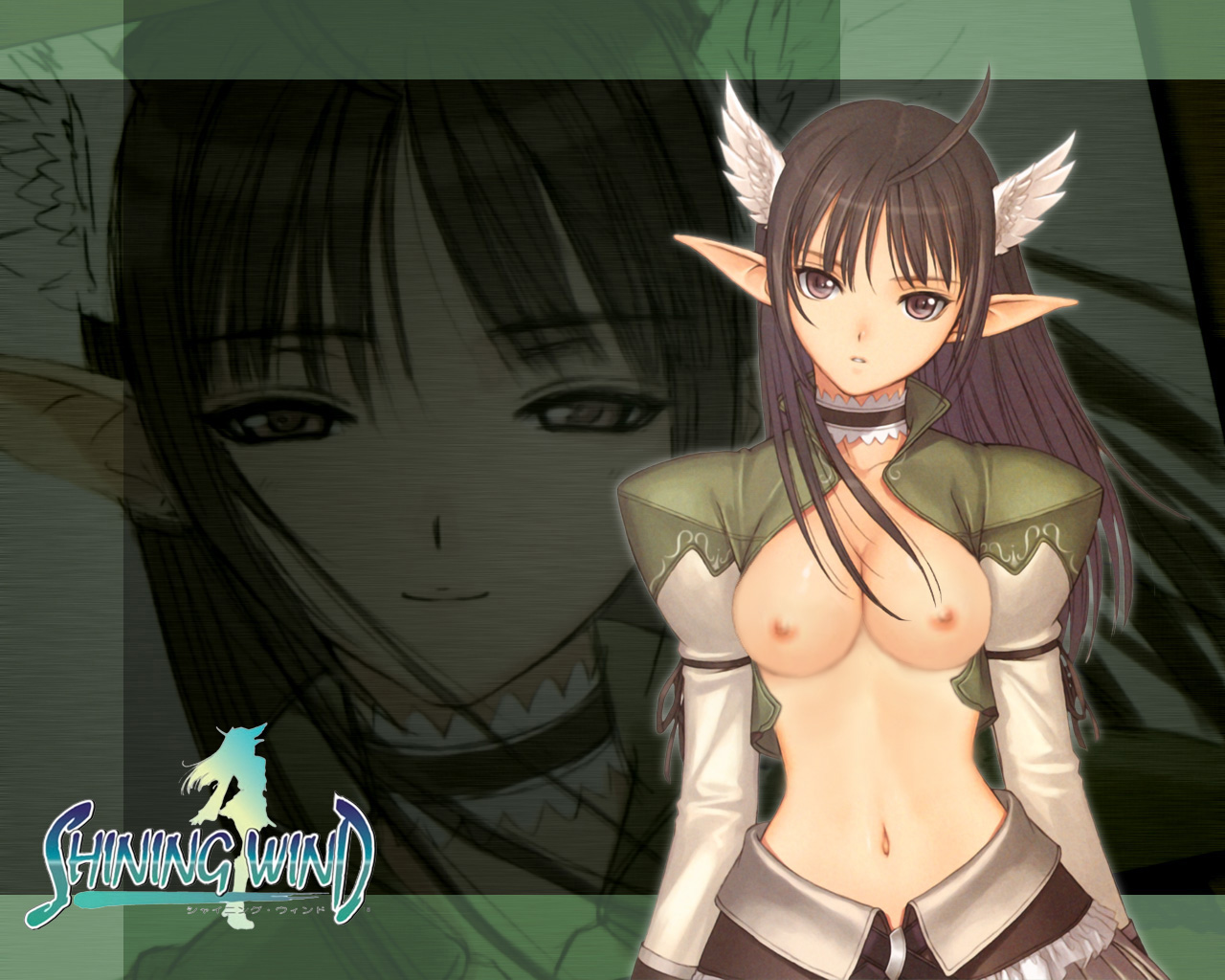 tony taka, xecty ein, sega, shining (series), shining wind, nude filter, third-party edit, 1girl, breasts, brown eyes, brown hair, elf, female focus, head wings, large breasts, nipples, nude, pointy ears, smile, solo, wings