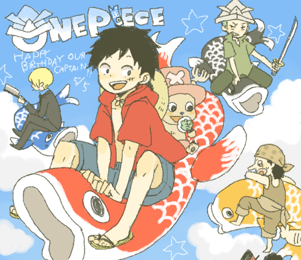 yukke, monkey d. luffy, roronoa zoro, sanji (one piece), tony tony chopper, one piece, 4boys, copyright name, fish, hat, male focus, multiple boys, pink hat