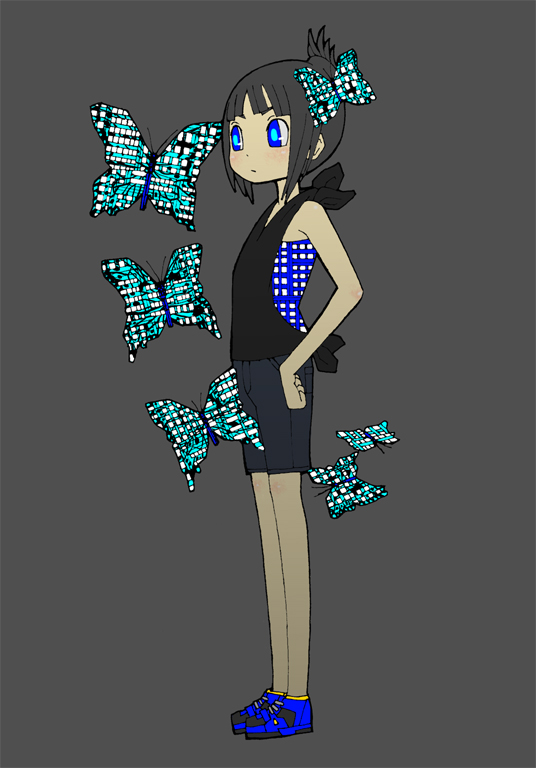a.b.t., abe tomomi, original, bad id, bad pixiv id, 1girl, black hair, blue eyes, bug, butterfly, female focus, insect, patterned, short hair, shorts, simple background, solo, standing