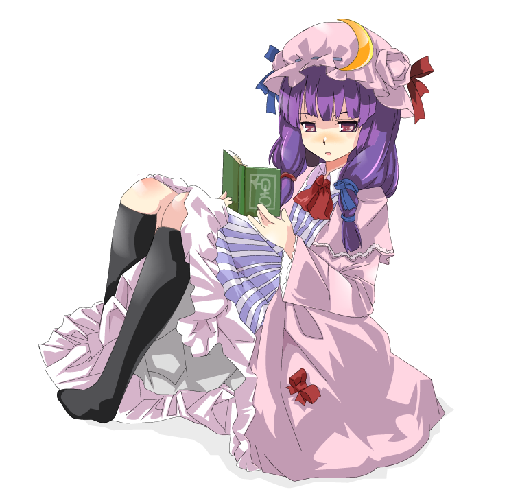 kazuha nanako, nanako (artist), patchouli knowledge, touhou, bad id, bad pixiv id, 1girl, book, female focus, hat, kneehighs, long hair, open book, purple hair, reading, red eyes, sitting, socks, solo, twintails