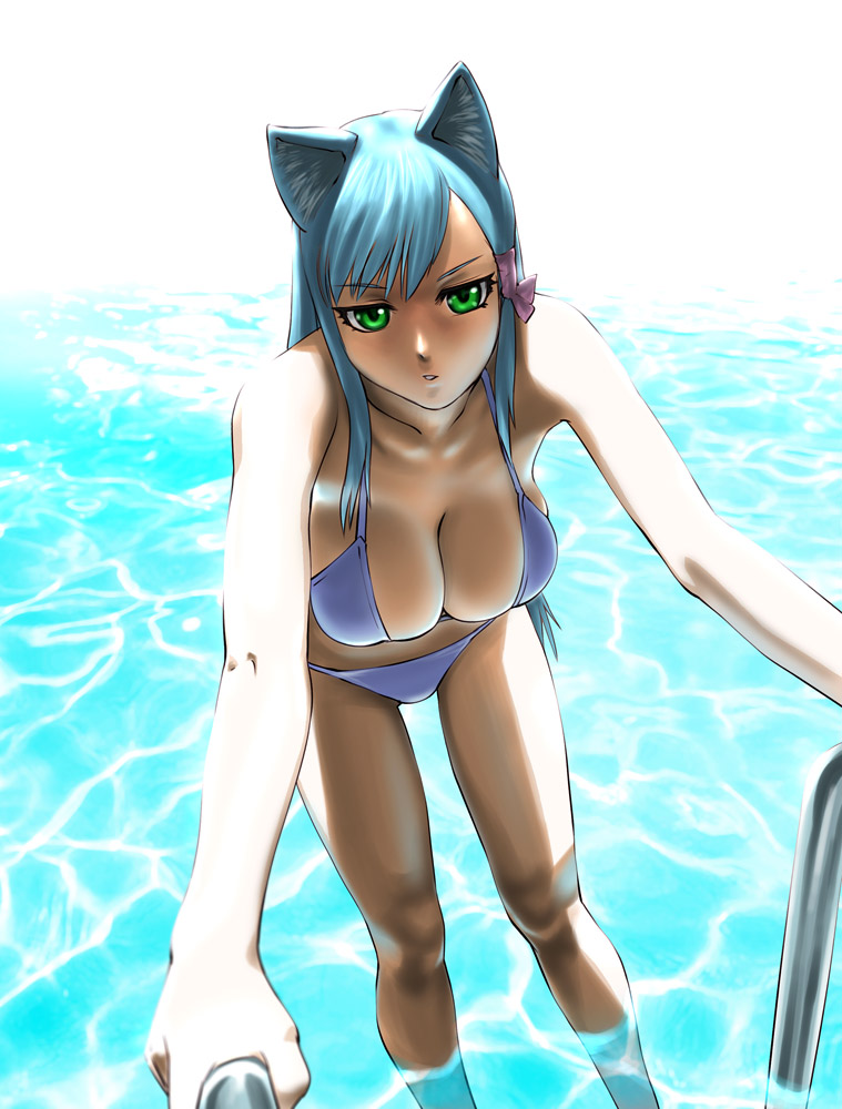 ueyama michirou, original, 1girl, animal ears, bent over, bikini, blue hair, breasts, cleavage, collarbone, female focus, green eyes, large breasts, long hair, parted lips, pool, pool ladder, skindentation, solo, swimsuit, white bikini