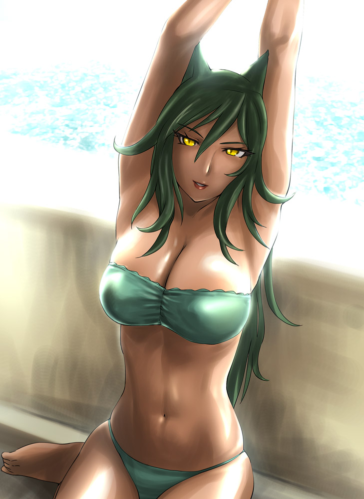 ueyama michirou, original, 1girl, animal ears, armpits, arms up, bikini, breasts, cleavage, female focus, green hair, huge breasts, large breasts, long hair, sitting, solo, swimsuit, yellow eyes