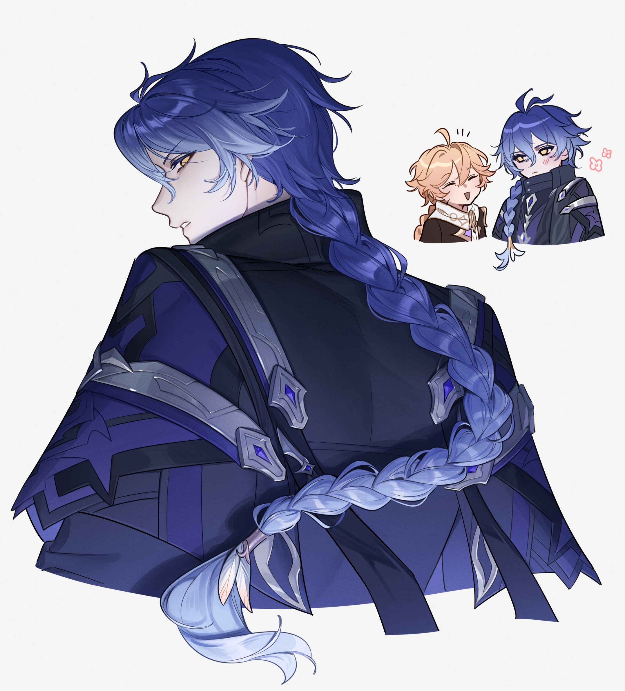 suspicious dish, aether (genshin impact), flins (genshin impact), genshin impact, commentary, english commentary, highres, 2boys, ahoge, alternate hairstyle, antenna hair, back, black coat, blonde hair, blue hair, blush, braid, chibi, closed eyes, coat, collared coat, flower, from behind, from side, glaring, gradient hair, grey background, hair between eyes, happy, huge ahoge, long braid, long hair, long sleeves, looking at viewer, loving aura, multicolored hair, multiple boys, no pupils, open mouth, parted lips, shade, simple background, single braid, standing, upper body, yaoi, yellow eyes