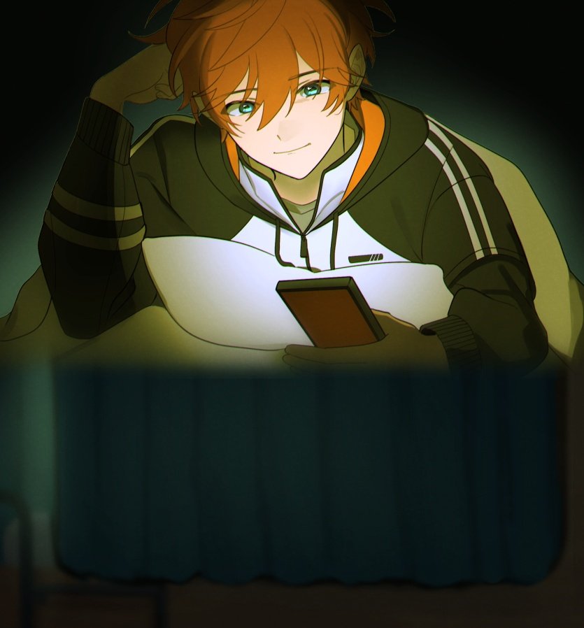 akehoshi subaru, ensemble stars!, 1boy, bbahot, blue eyes, clenched hand, closed mouth, glowing, hair between eyes, hand on own head, holding, holding phone, jacket, long sleeves, looking at phone, lying, male focus, on stomach, orange hair, phone, short hair, smile, solo, upper body