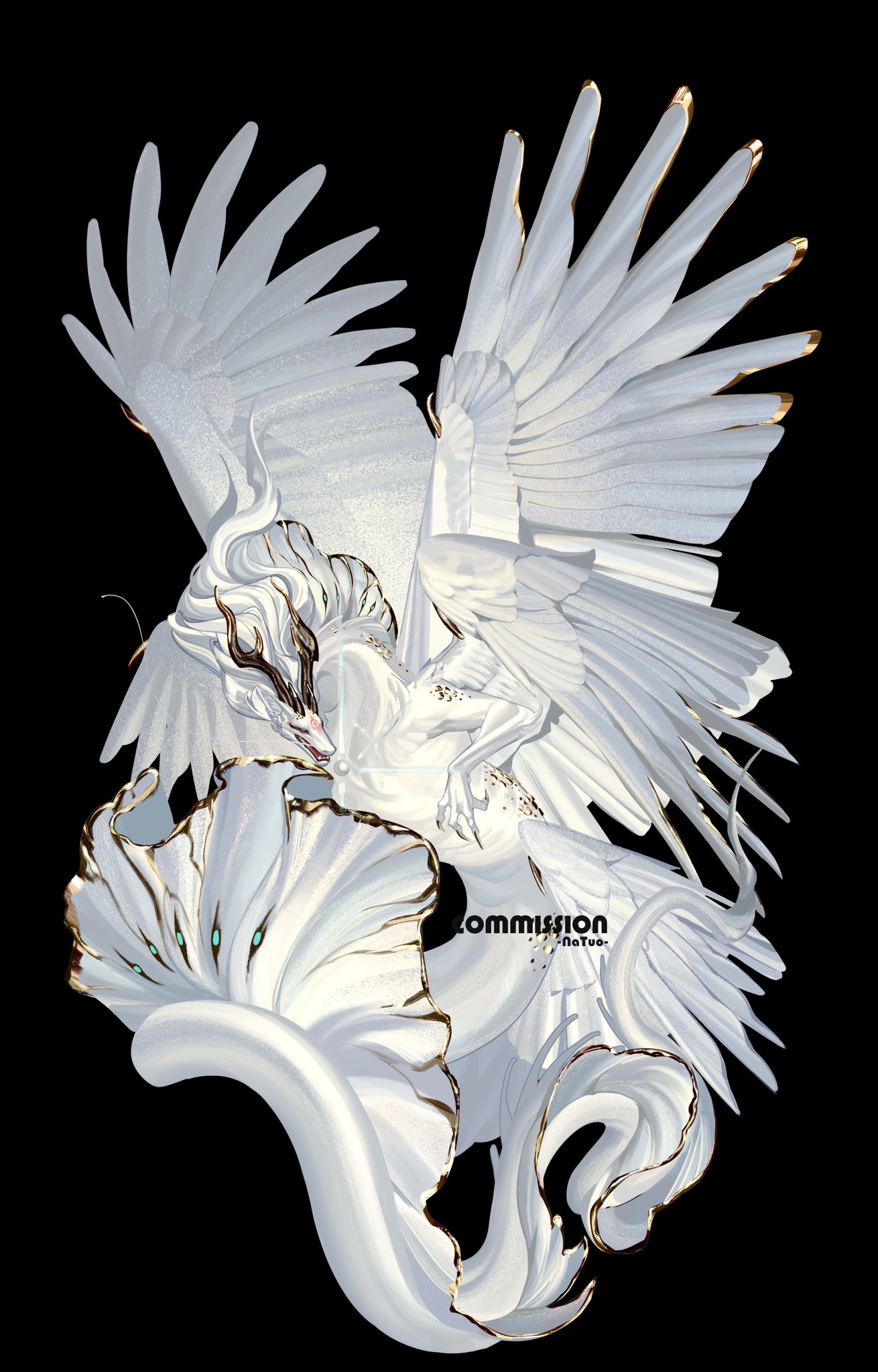 tianlang fenghuo, original, commission, highres, artist name, black background, dragon, eastern dragon, feathered wings, full body, horns, mane, monster, monster focus, multiple wings, no humans, open mouth, simple background, solo, tail, watermark, wings