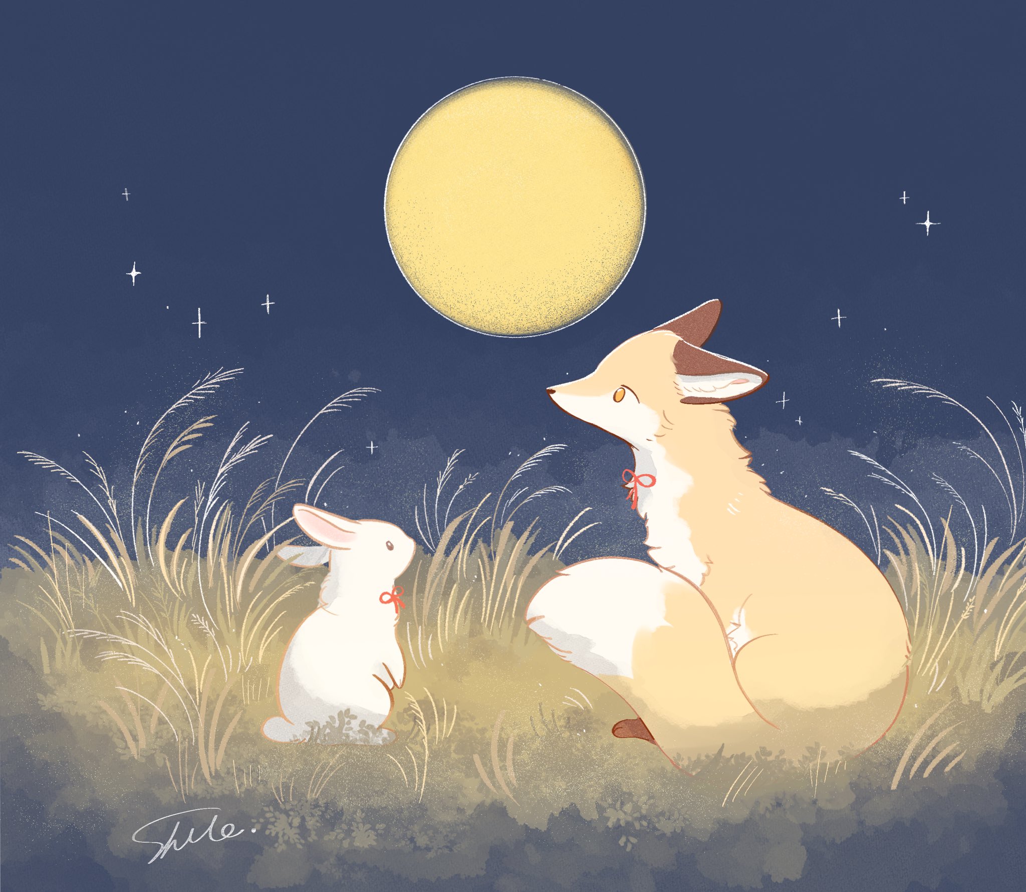 popfox studio, original, commentary, highres, symbol-only commentary, animal, animal focus, brown eyes, fox, full moon, grass, looking up, moon, night, no humans, outdoors, rabbit, ribbon, signature, sitting, yellow eyes