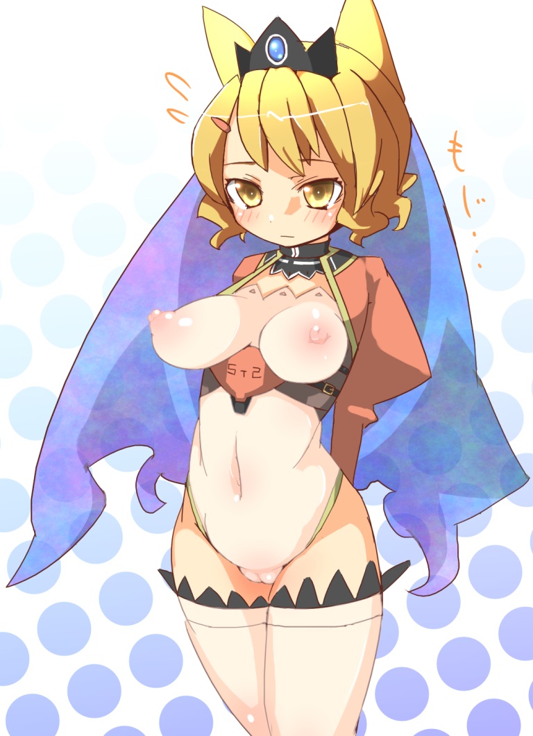 prnt, 1girl, animal ears, blonde hair, blush, breasts, cameltoe, crown, female focus, hat, large breasts, navel, nipples, no bra, panties, pantyhose, puffy nipples, pussy, see-through clothes, short hair, solo, tears, thighhighs, uncensored, underwear, yellow eyes