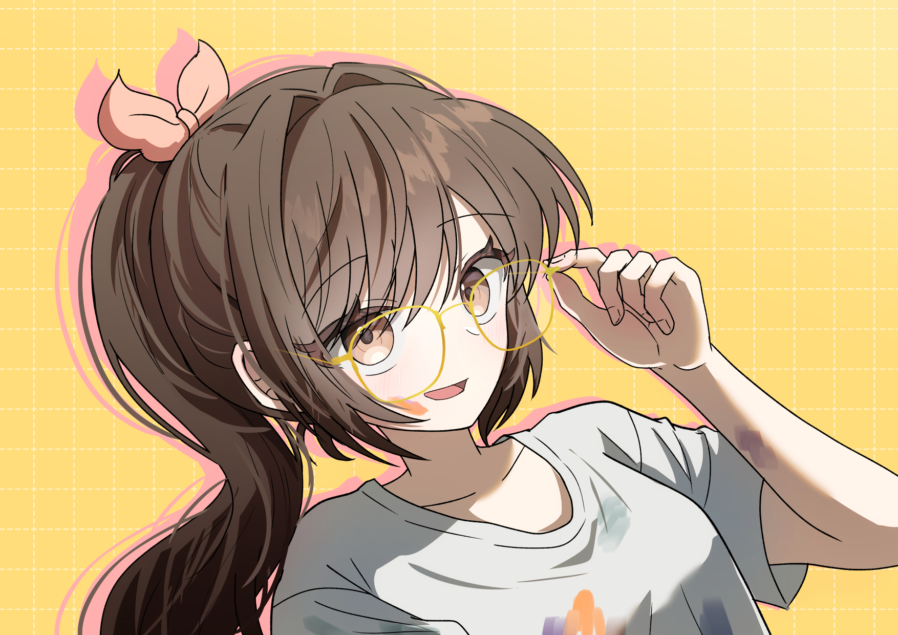 shinonome ena, project sekai, commentary, highres, 1girl, akieeena, bespectacled, bloom festival (project sekai), breasts, brown eyes, brown hair, drop shadow, glasses, grid background, hand up, looking at viewer, official alternate hair length, official alternate hairstyle, open mouth, paint on clothes, paint splatter, paint splatter on face, ponytail, shirt, short sleeves, smile, solo, t-shirt, upper body, white shirt, yellow-framed eyewear, yellow background