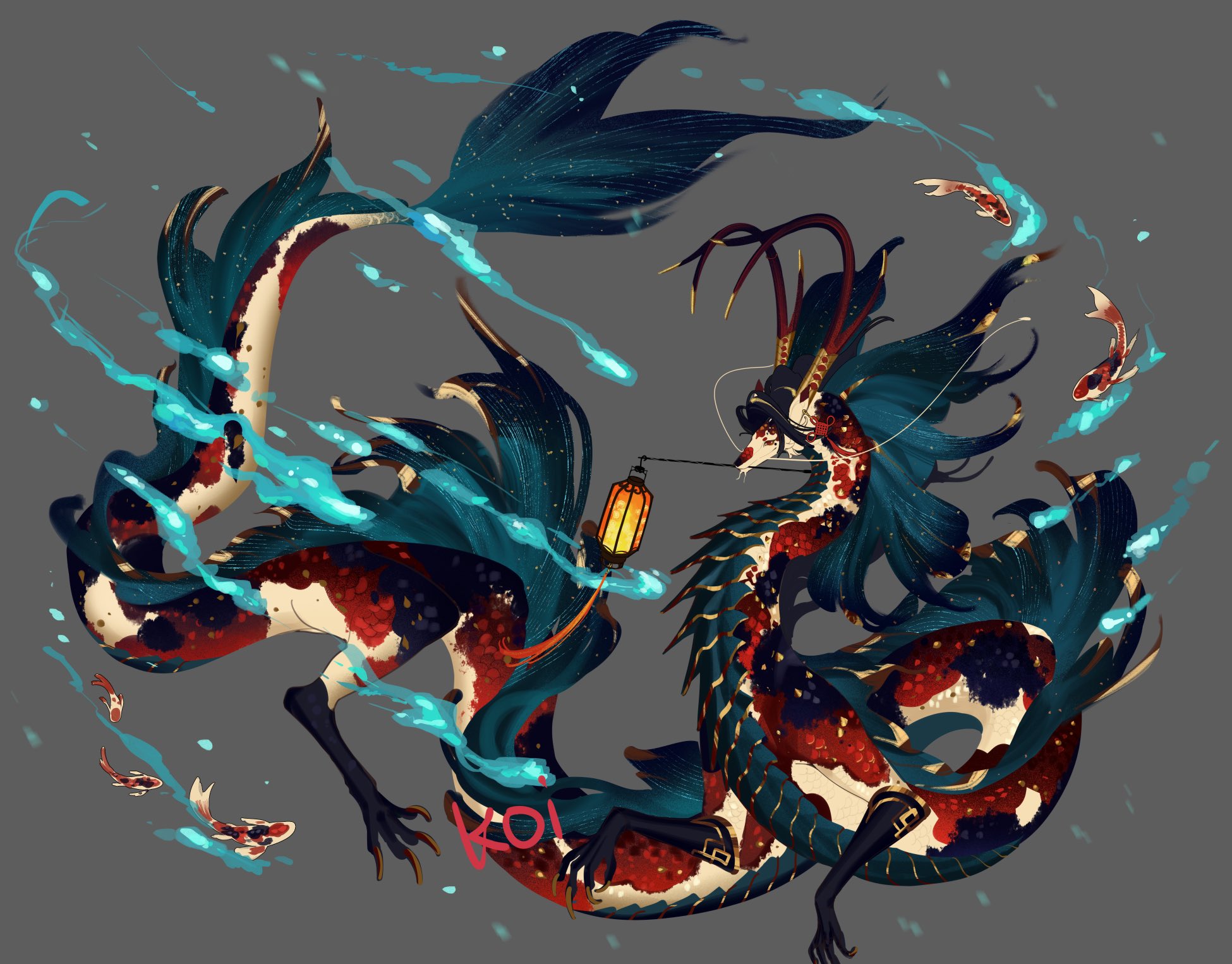 tianlang fenghuo, original, highres, claws, dragon, eastern dragon, fins, fish, fish tail, full body, grey background, horn ornament, horn ring, horns, koi, lantern, monster, monster focus, mouth hold, no humans, red eyes, scales, simple background, solo, tail