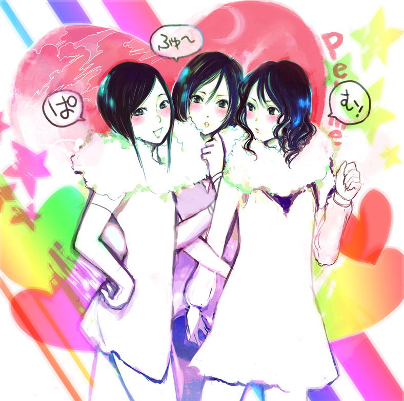 yokoyari mengo, a~chan, kashiyuka, nocchi (perfume), perfume (band), bad id, bad pixiv id, black hair, blush, elbow gloves, fashion, gloves, long hair