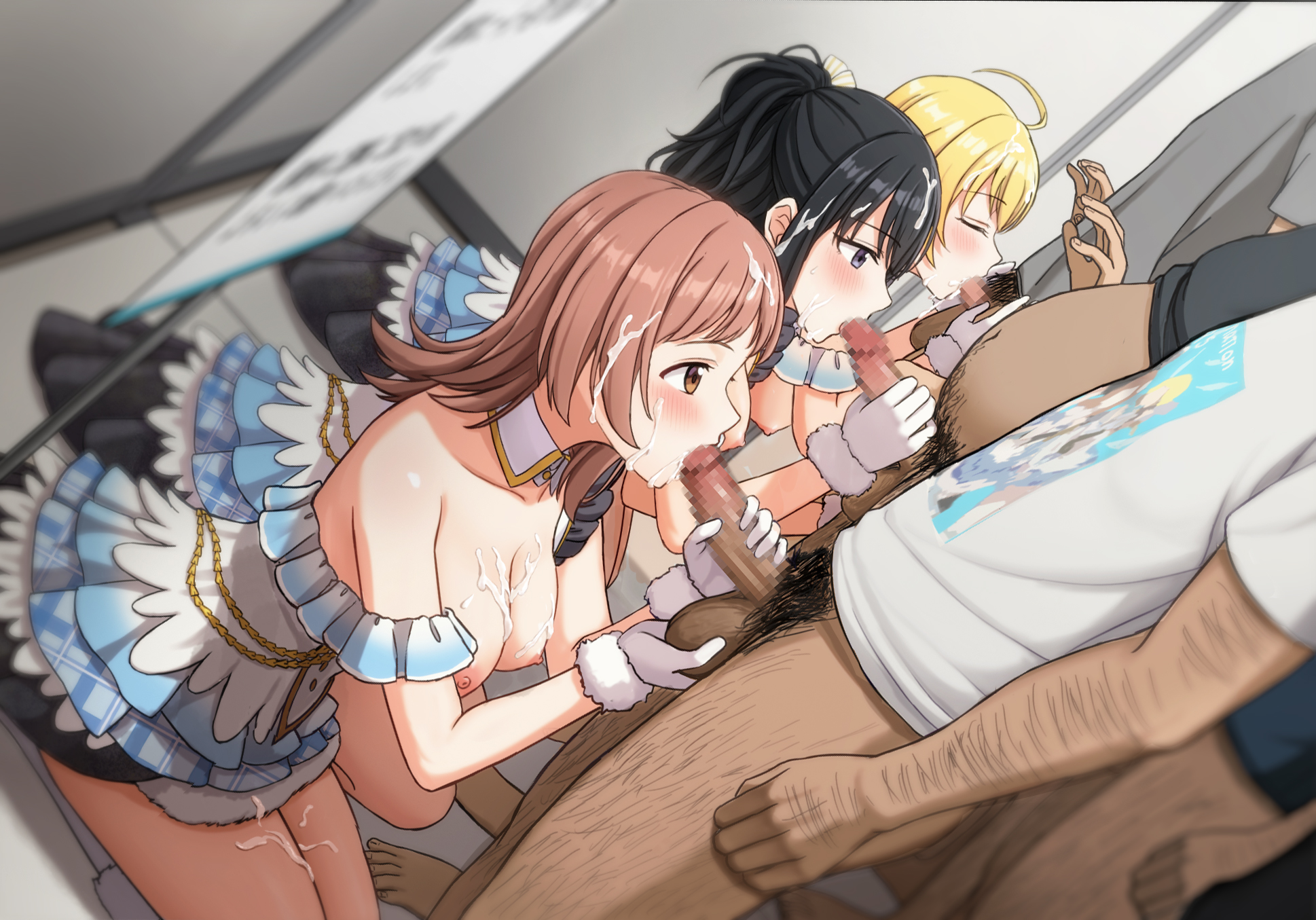 hangaku banana, hachimiya meguru, kazano hiori, sakuragi mano, idolmaster, idolmaster shiny colors, highres, 3girls, 4boys, ahoge, arm hair, beyond the bluesky (idolmaster), black hair, blonde hair, blush, bottomless, breasts, brown hair, caressing testicles, censored, closed eyes, cum, cum on body, cum on breasts, cum on hair, cum on upper body, detached collar, dress, dutch angle, facial, fat, fat man, fellatio, illumination stars (idolmaster), kneeling, layered dress, leg hair, male pubic hair, medium breasts, mosaic censoring, multiple boys, multiple girls, oral, penis, penis grab, pubic hair, shirt, t-shirt, testicles