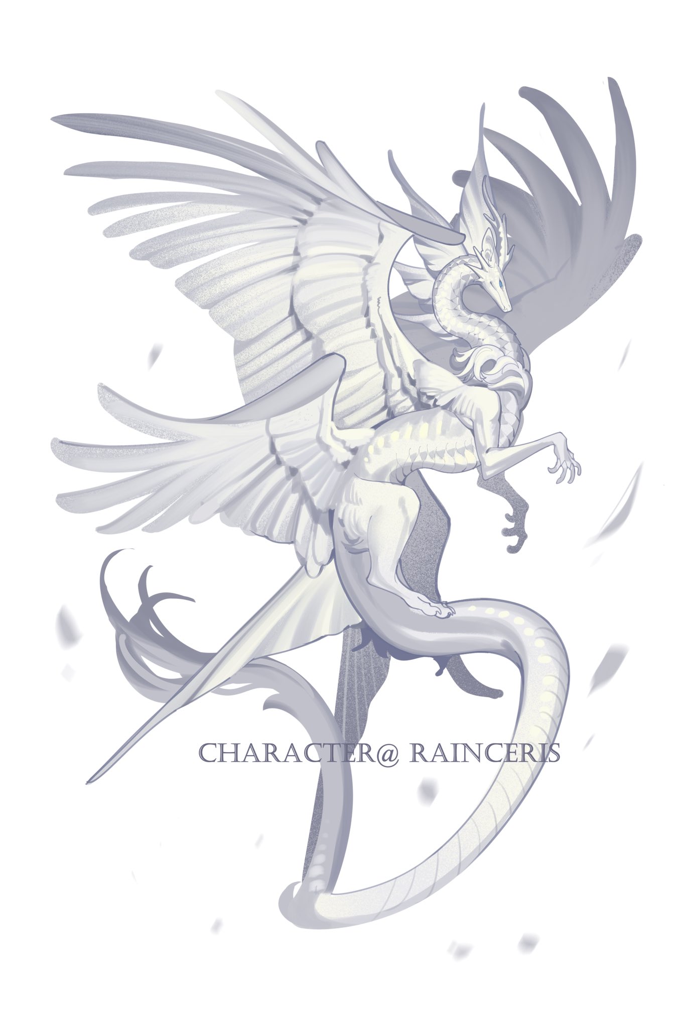 tianlang fenghuo, original, highres, dragon, feathered wings, from side, full body, monster, monster focus, no humans, profile, simple background, solo, tail, white background, white wings, wings