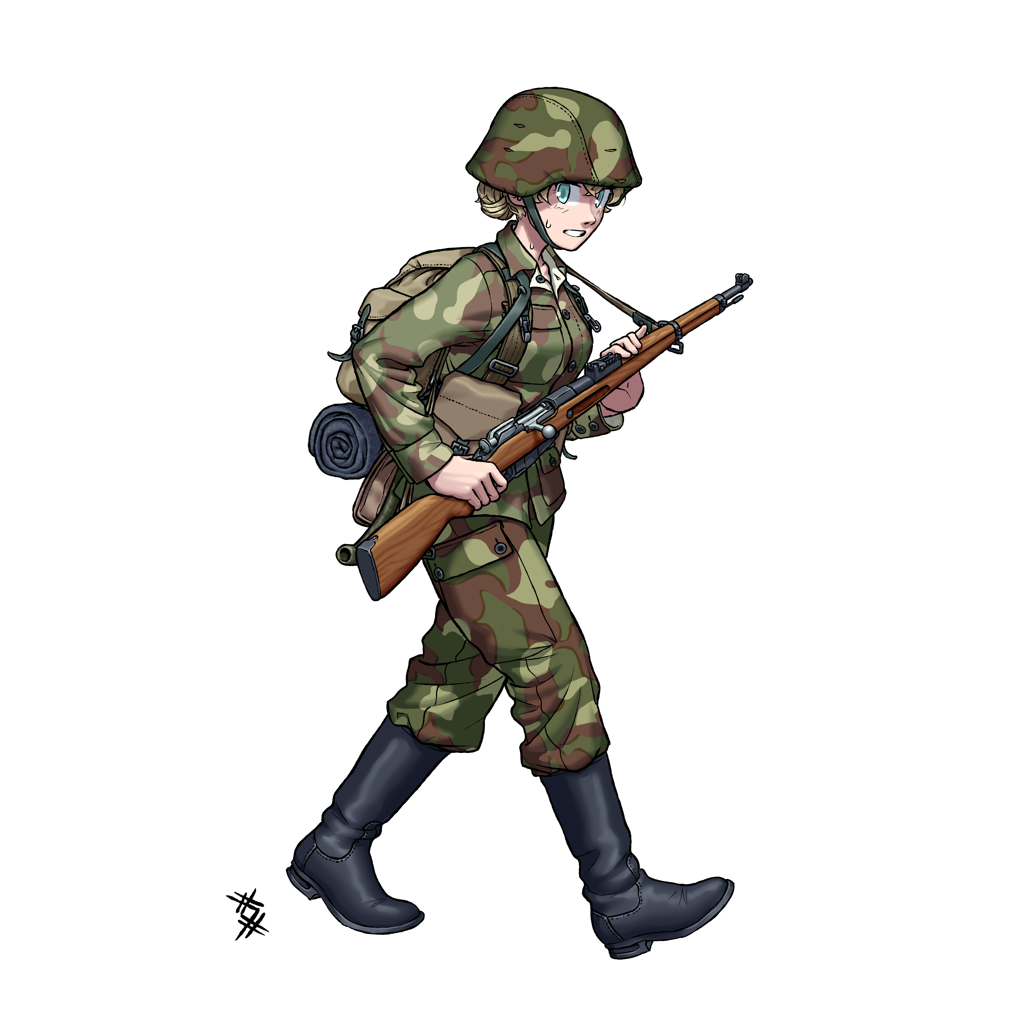 ostwindprojekt, seno lepo, absurdres, highres, 1girl, ammunition pouch, backpack, bag, bedroll, black boots, blonde hair, blue eyes, blush, bolt action, boots, breast pocket, buttons, camouflage, camouflage headwear, camouflage jacket, camouflage pants, chin strap, collarbone, combat helmet, entrenching tool, finland, finnish army, full body, green eyes, gun, gun sling, hair bun, hat, helmet, holding, holding gun, holding weapon, inka aho, jacket, load bearing equipment, long hair, long sleeves, looking at viewer, military, military combat uniform, military rank insignia, military uniform, mosin-nagant, pants, pocket, ponytail, pouch, rifle, soldier, sweat, sweatdrop, walking, weapon, white background, woodland camouflage