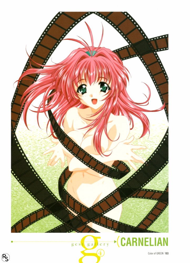 carnelian, mizuno makoto (green), green (game), breast hold, scan, 1girl, antenna hair, breasts, censored, cleavage, convenient censoring, covering privates, crossed arms, female focus, film, film strip, green eyes, groin, hairband, happy, long hair, nude, nude cover, pink hair, solo