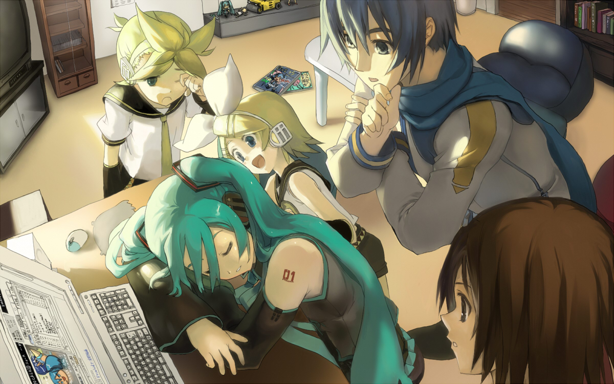 bob (biyonbiyon), hatsune miku, kagamine len, kagamine rin, kaito (vocaloid), meiko (vocaloid), niconico, vocaloid, 2boys, 3girls, blonde hair, blue hair, brother and sister, closed eyes, computer, computer keyboard, everyone, hair ribbon, keyboard, long hair, multiple boys, multiple girls, ribbon, room, short hair, siblings, sleeping, sleepy, twins, yukkuri shiteitte ne