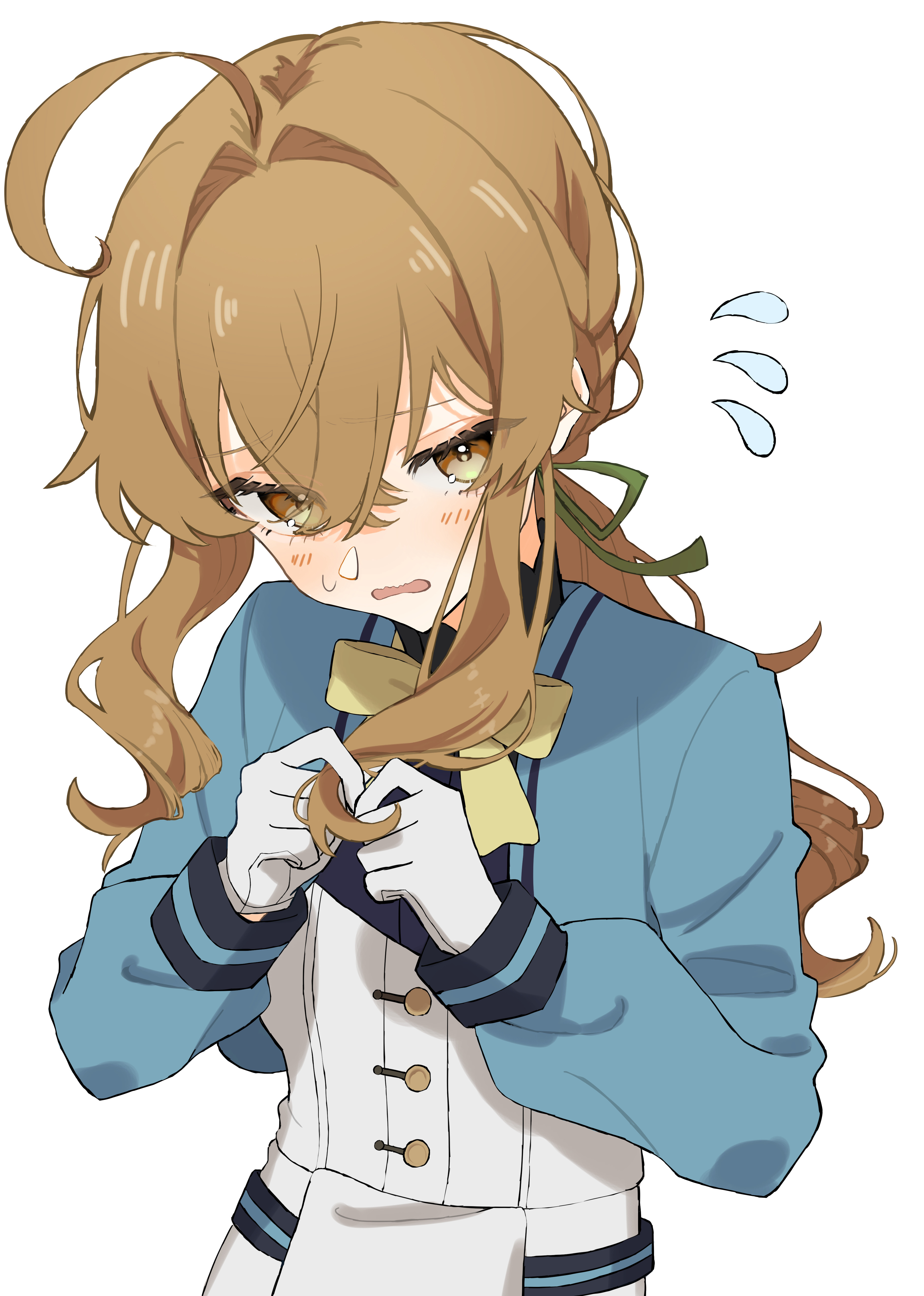 monica everett, silent witch, absurdres, highres, 1girl, aqua jacket, blush, brown eyes, brown hair, cropped jacket, eyebrows hidden by hair, fidgeting, flat chest, flying sweatdrops, gloves, hair between eyes, hair intakes, hair over one eye, jacket, long hair, looking at viewer, neck ribbon, onuran, open mouth, ribbon, school uniform, simple background, solo, vest, white background, white gloves, white vest, yellow ribbon