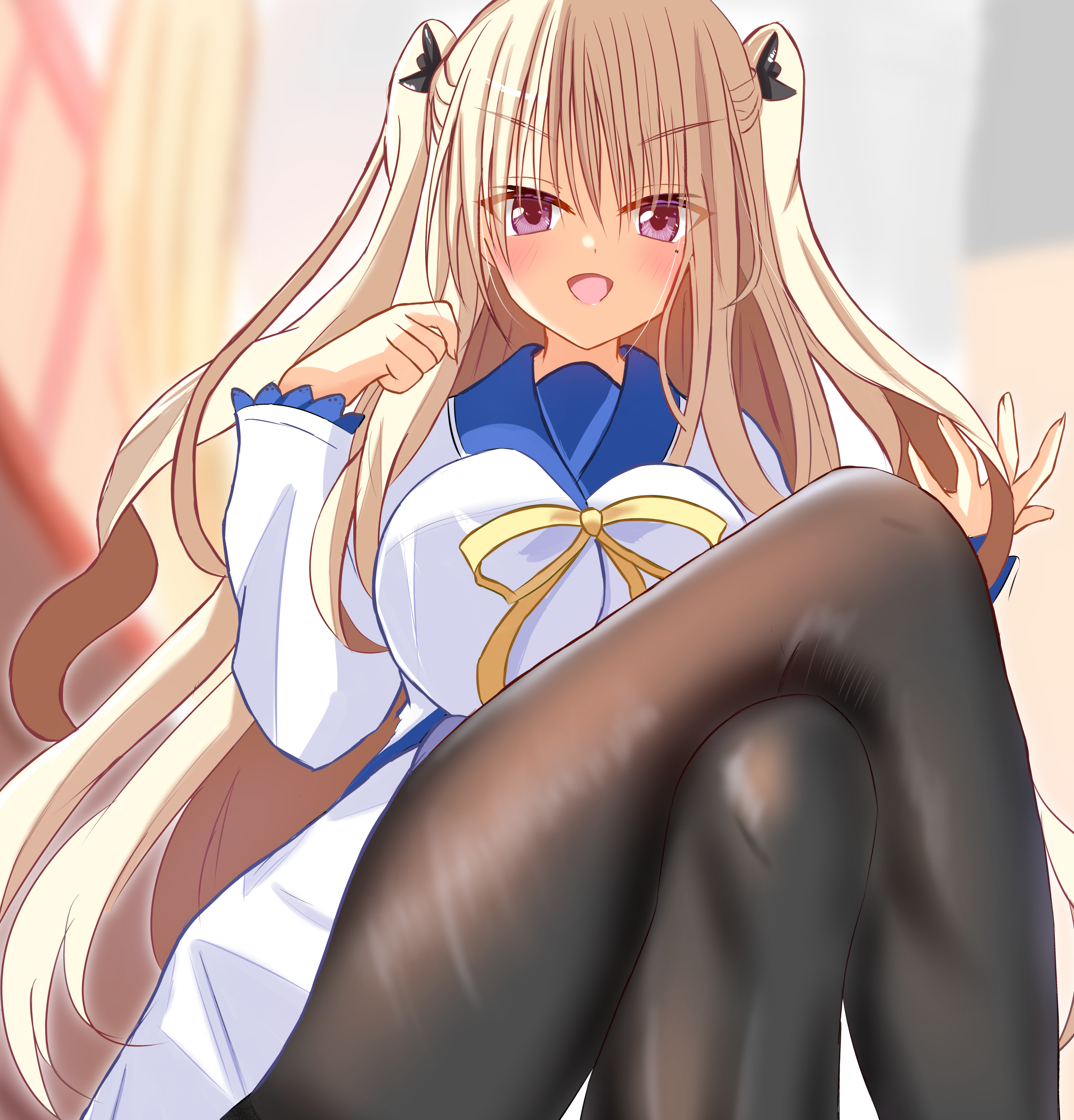 sakuratoru, hibarigaoka yuki, bra-ban!, absurdres, commentary request, highres, 1girl, :d, black bow, black pantyhose, blonde hair, blurry, blurry background, blush, bow, breasts, clenched hand, colored eyelashes, crossed legs, eyes visible through hair, feet out of frame, frilled sleeves, frills, from below, hair between eyes, hair bow, hands up, indoors, large breasts, long hair, long sleeves, looking at viewer, miniskirt, mole, mole under eye, open mouth, pantyhose, purple eyes, ribbon, school uniform, shirt, sidelighting, sidelocks, skirt, smile, solo, straight-on, thighs, tsurime, two side up, v-shaped eyebrows, very long hair, white shirt, white skirt, yellow ribbon