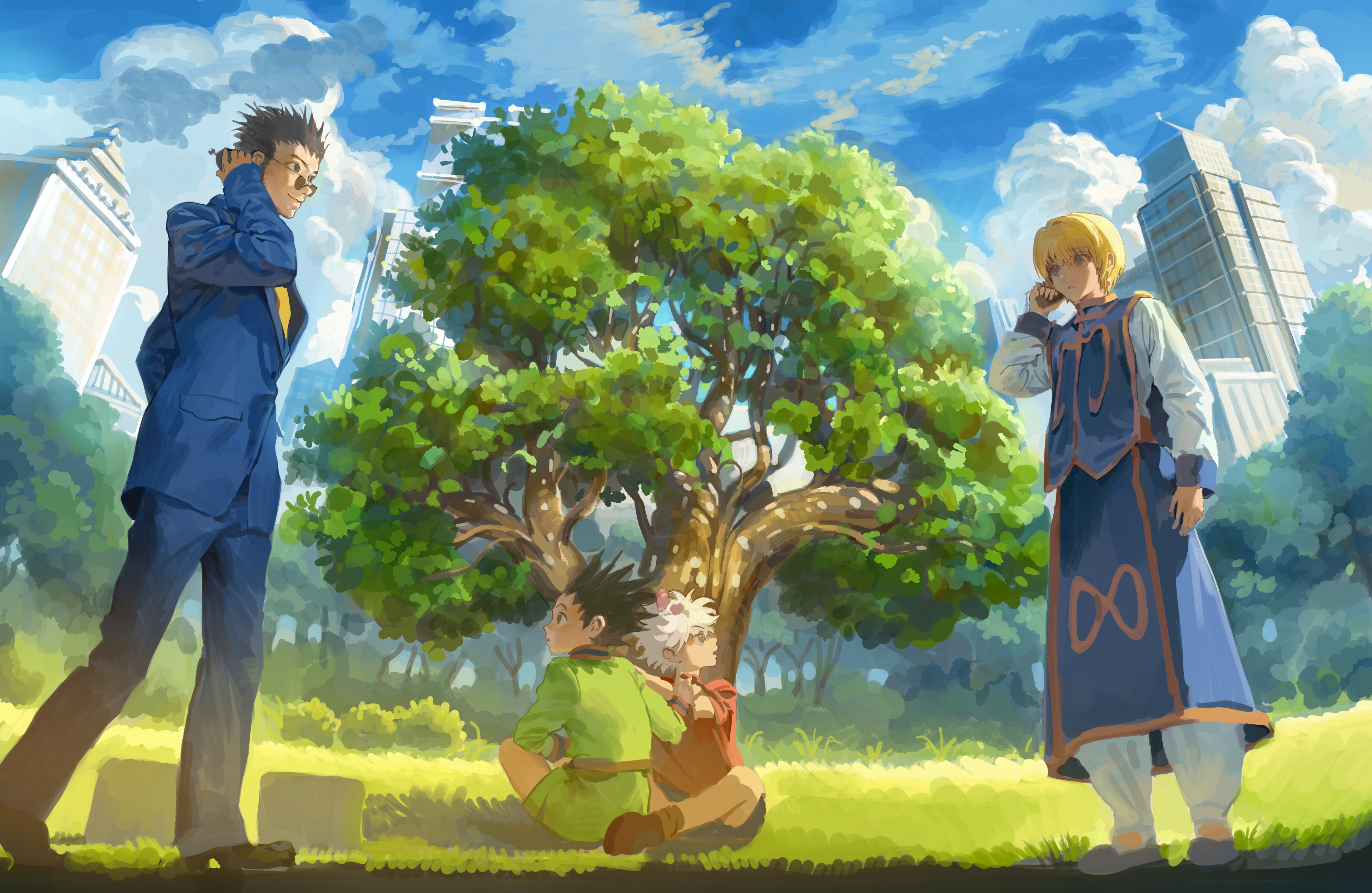 gon freecss, killua zoldyck, kurapika, leorio paladiknight, hunter x hunter, absurdres, commentary request, highres, korean commentary, 4boys, black hair, blonde hair, blue eyes, blue pants, blue sky, blue suit, blue tabard, brown shoes, building, closed mouth, cloud, day, formal clothes, from below, grass, green shorts, high collar, holding, kurutttt, long sleeves, looking at another, male focus, multiple boys, necktie, official alternate costume, on grass, open mouth, pants, shoes, short hair, shorts, sitting, sky, spiked hair, standing, suit, tabard, tree, white hair, yellow necktie