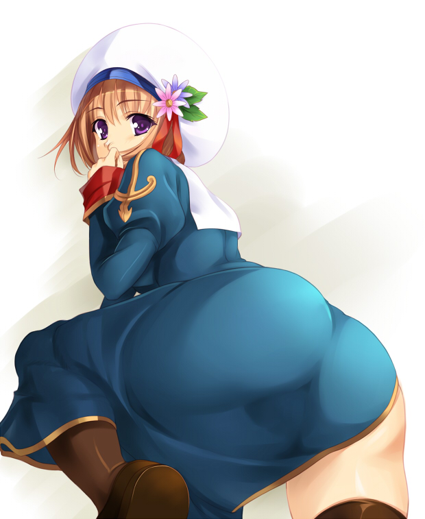 akamaru, priest (ragnarok online), ragnarok online, ass, boots, brown hair, dress, fat mons, hat, headdress, looking back, priest, priestess, purple eyes, see-through clothes, short hair, solo, white hat