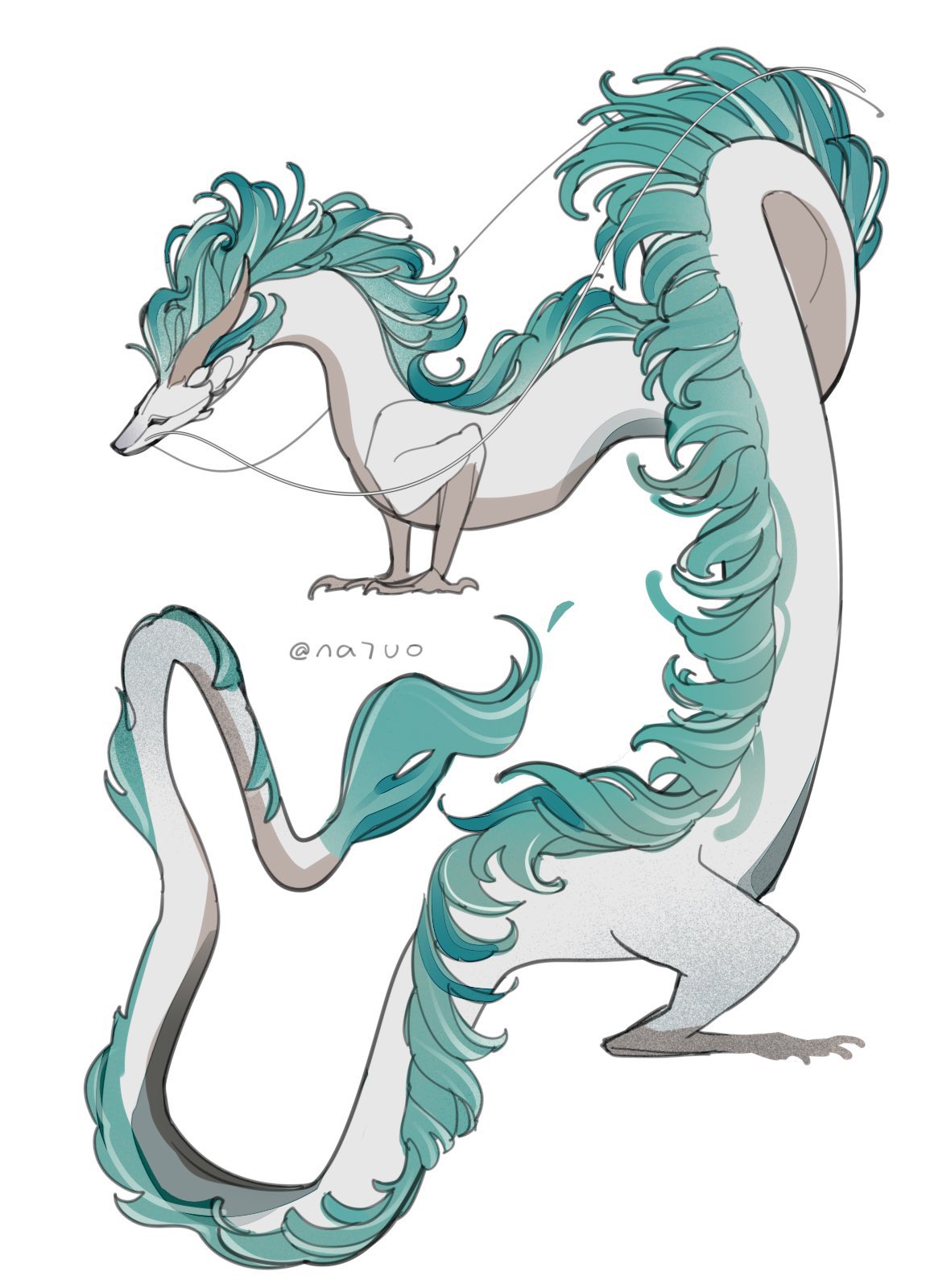 tianlang fenghuo, haku (sen to chihiro no kamikakushi), sen to chihiro no kamikakushi, highres, artist name, dragon, eastern dragon, full body, fur-tipped tail, mane, monster, monster focus, no humans, signature, simple background, solo, tail, white background