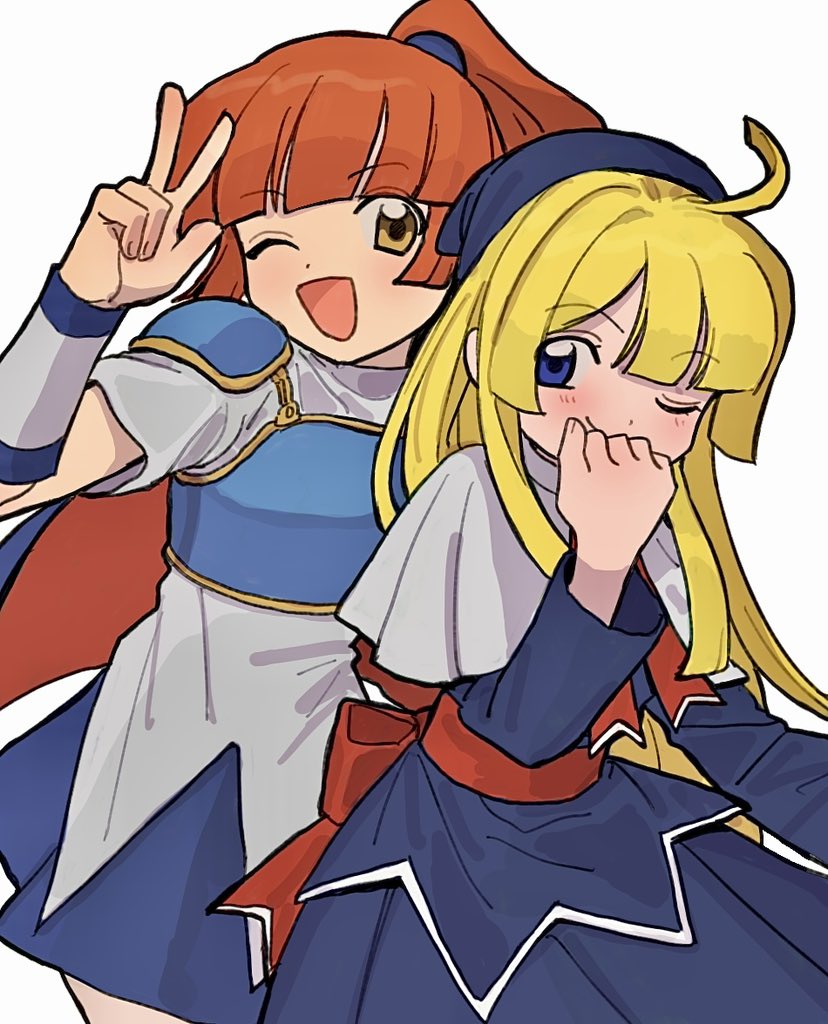 arle nadja, witch (puyopuyo), puyopuyo, 2girls, ;), ;d, ahoge, armor, back bow, blonde hair, blue dress, blue eyes, blue skirt, blunt bangs, blush, bow, breastplate, brown eyes, capelet, closed mouth, cowboy shot, dress, high ponytail, long hair, long sleeves, mm1599699480328, multiple girls, neckerchief, one eye closed, open mouth, orange hair, ponytail, red bow, red neckerchief, shirt, short hair, short sleeves, shoulder armor, simple background, skirt, smile, w, white background, white capelet, white shirt