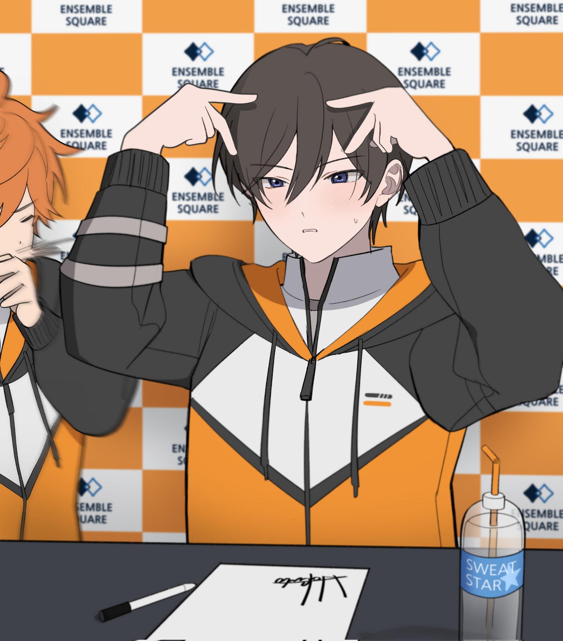 akehoshi subaru, hidaka hokuto, ensemble stars!, highres, 2boys, arms up, bbahot, black hair, blue eyes, bottle, drinking straw, hair between eyes, high collar, jacket, male focus, marker, multicolored jacket, multiple boys, orange hair, out of frame, parted lips, partially unzipped, sweatdrop, upper body, water bottle