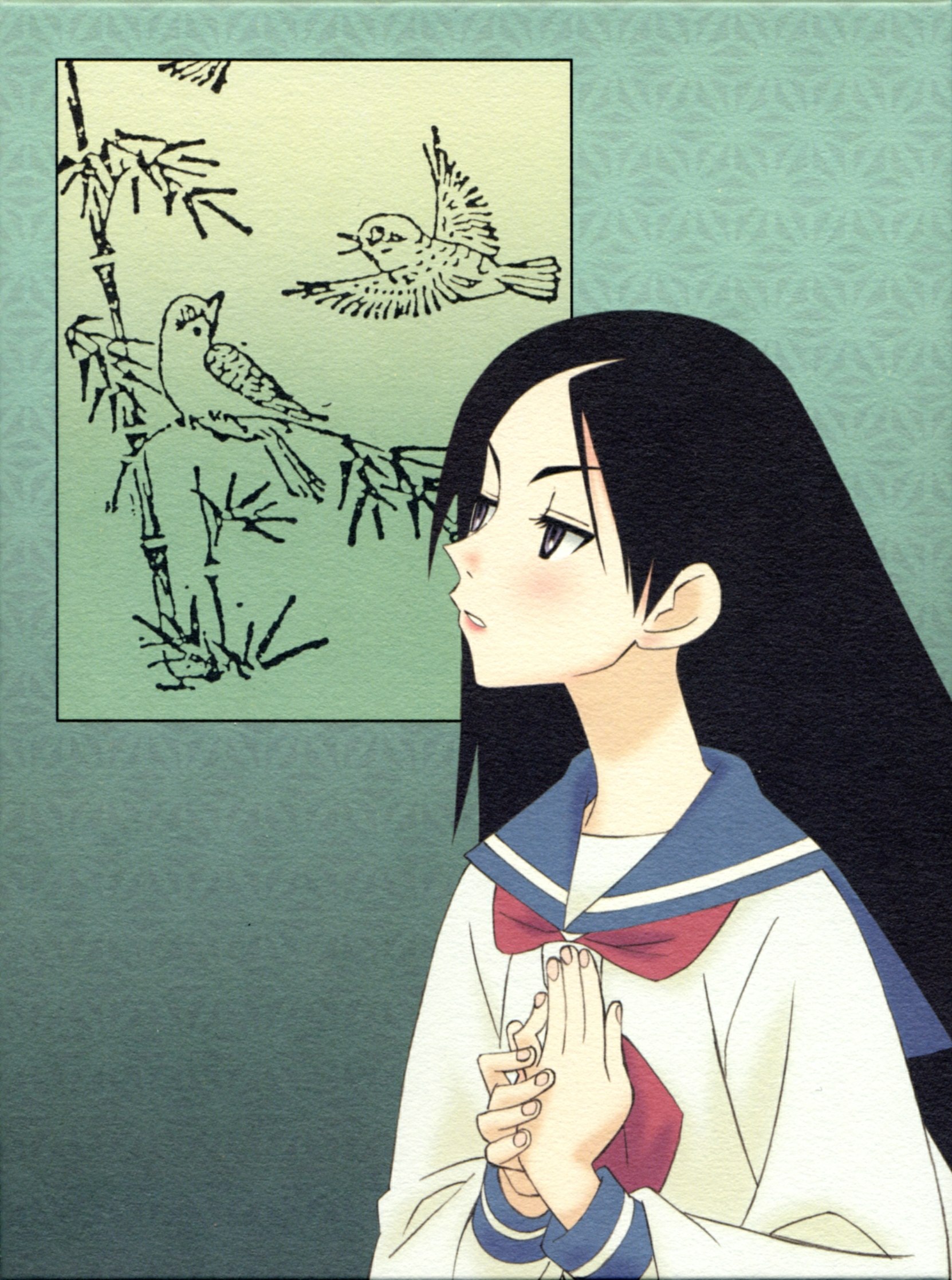 kitsu chiri, sayonara zetsubou sensei, highres, 00s, blush, cover, dvd cover, parted bangs, school uniform, serafuku, solo