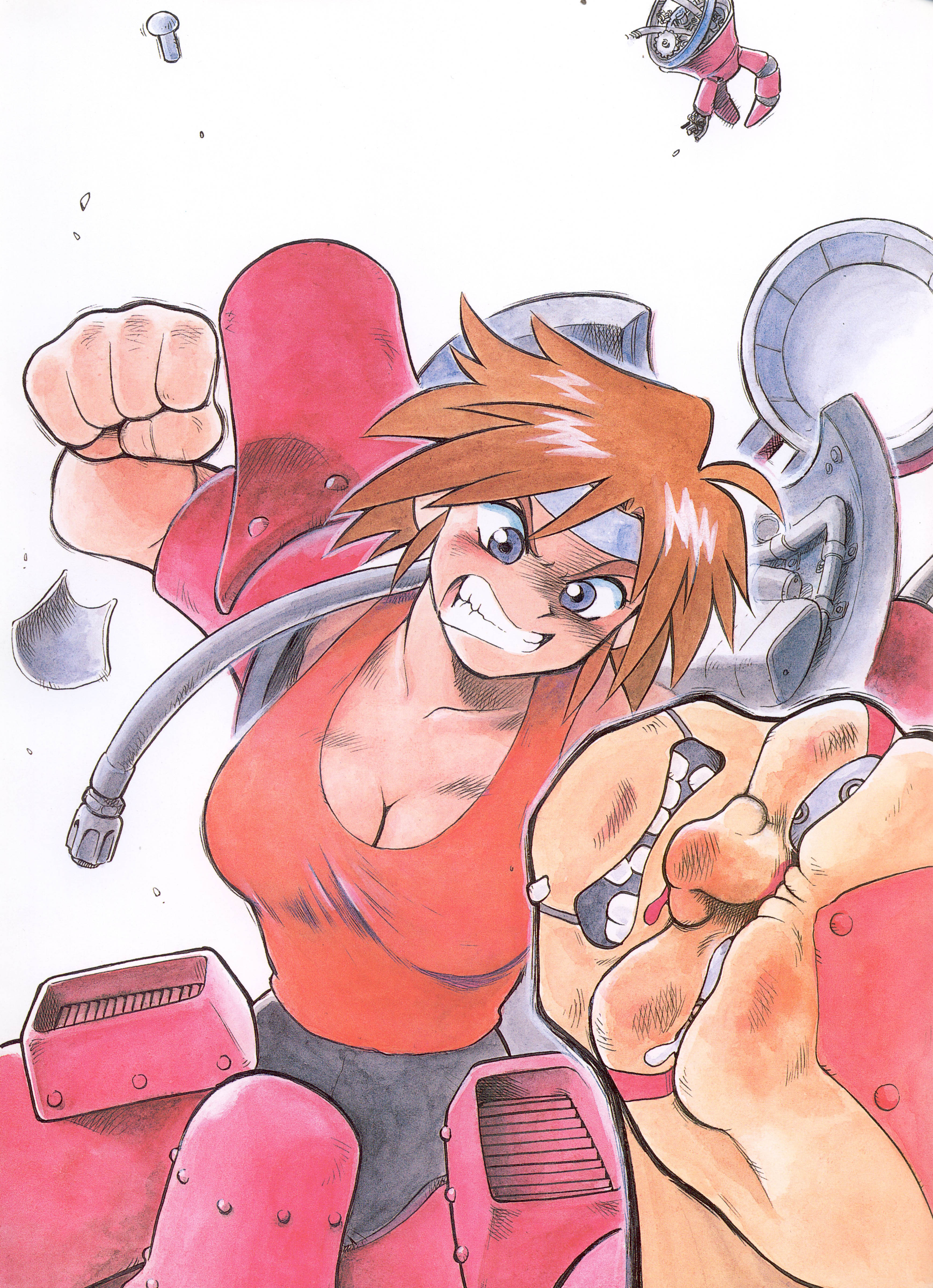 kirishima kanna, sakura taisen, sega, absurdres, highres, tagme, 00s, 1boy, 1girl, angry, beaten, headband, punching, teeth, white headband