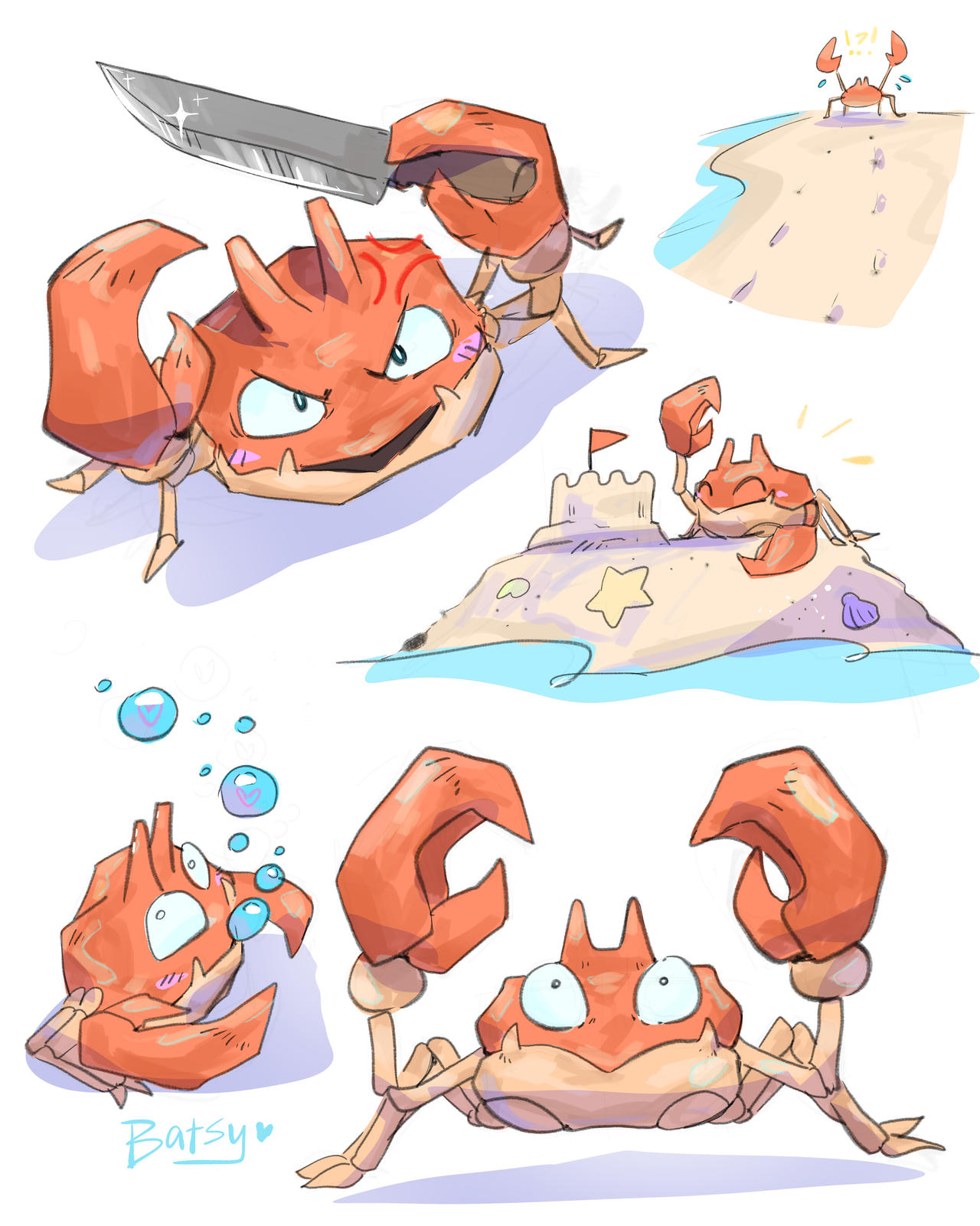 krabby, nintendo, pokemon, commentary, english commentary, highres, !?, anger vein, animal ears, arm up, arms up, artist name, blush, blush stickers, bubble, closed mouth, crab, footprints, gen 1 pokemon, heart, holding, holding knife, iheartbatsy, knife, multiple views, no humans, open mouth, pincers, pokemon (creature), pokemon focus, sand, sand castle, sand sculpture, seashell, shell, simple background, starfish, water, white background