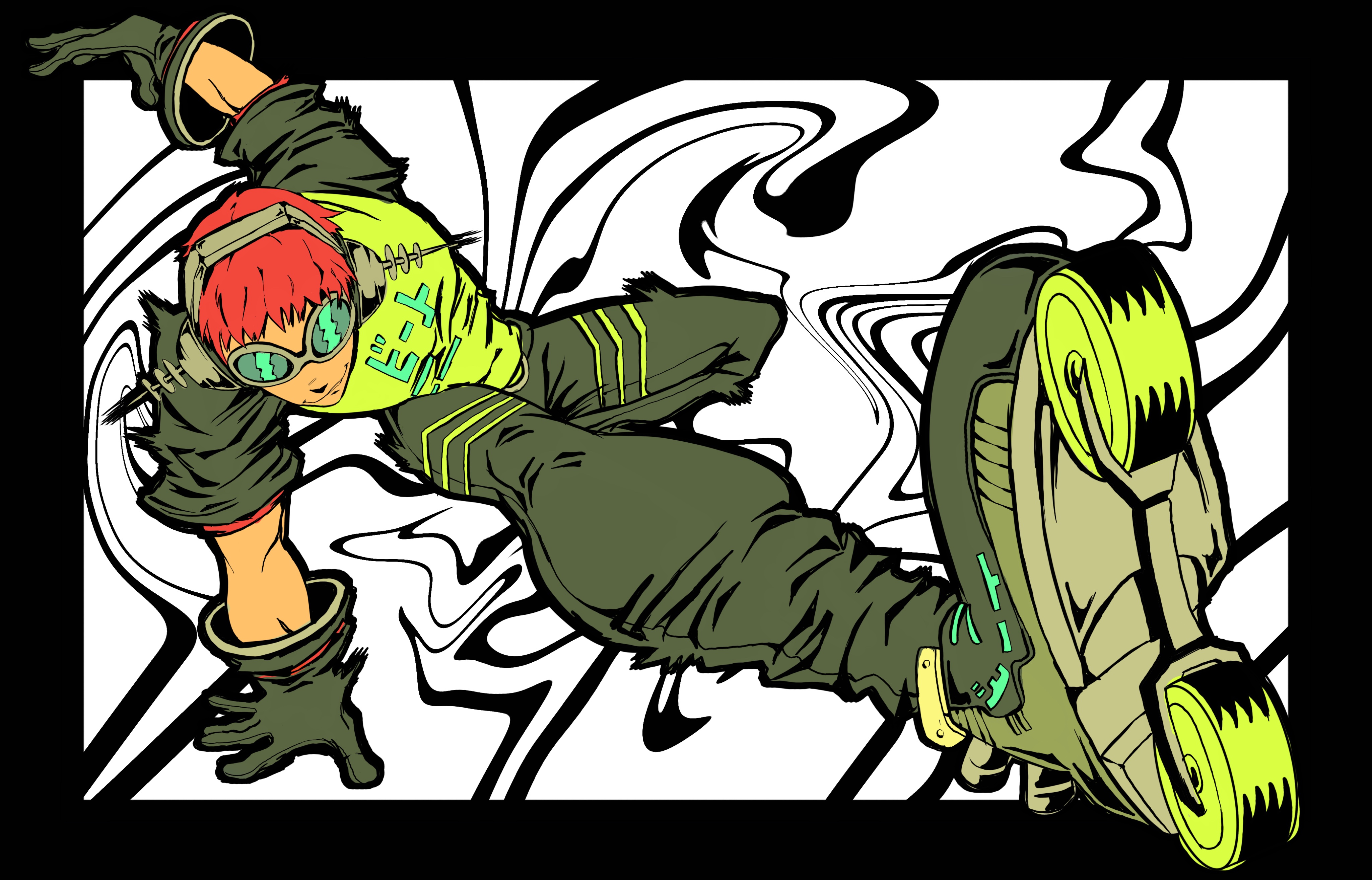 beat (jsr), jet set radio, absurdres, highres, 1boy, arm support, arm up, black border, black gloves, black pants, blue-tinted eyewear, border, closed mouth, dynamic pose, gloves, goggles, headphones, inline skates, male focus, outside border, pants, red hair, roller skates, shirt, short hair, short sleeves, skates, smile, solo, spazgunk, tinted eyewear, two-tone shirt
