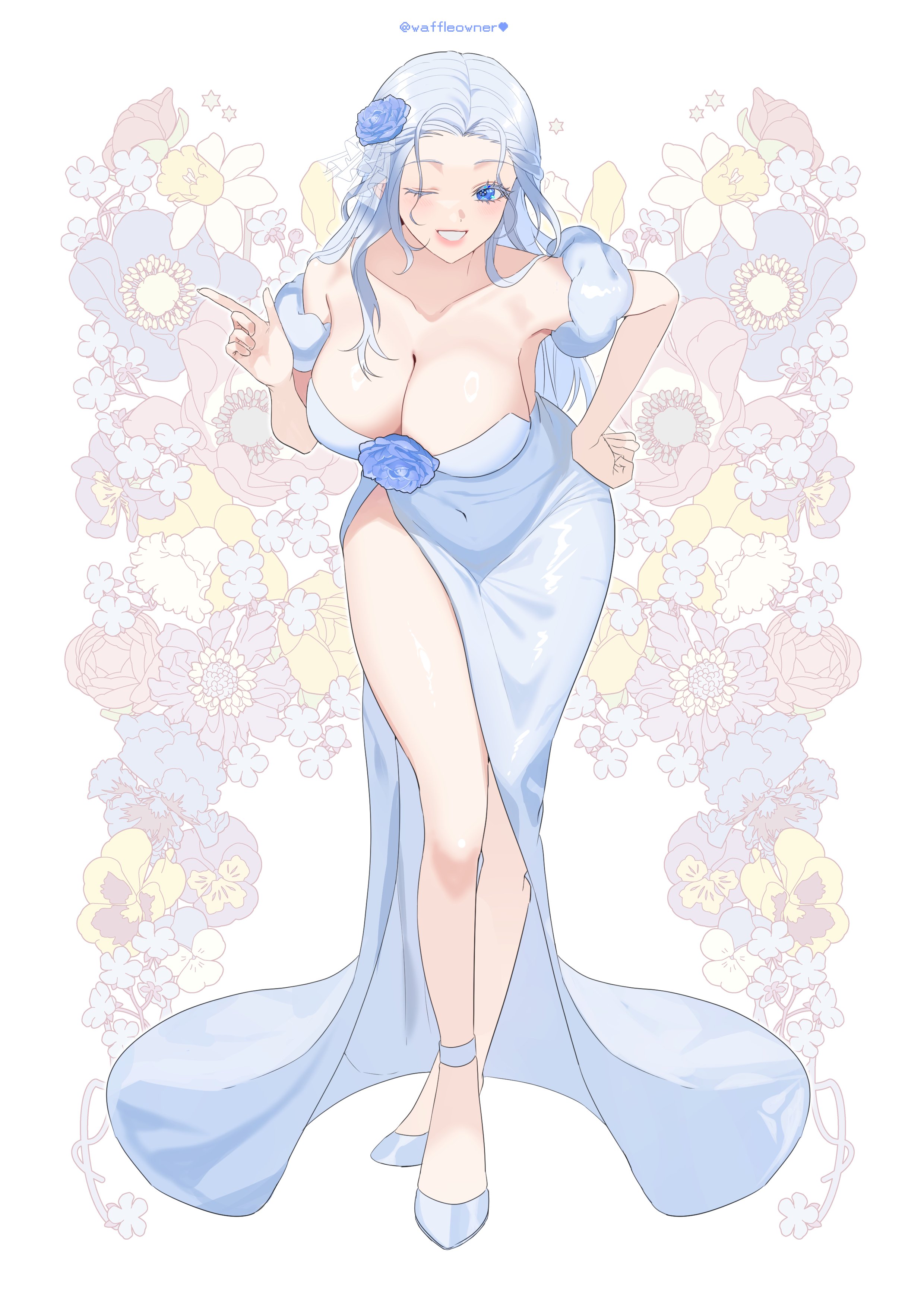 waffleowner, venat (ff14), final fantasy, final fantasy xiv, absurdres, highres, 1girl, ;d, alternate costume, blue eyes, blue flower, braid, breasts, cleavage, collarbone, covered navel, detached sleeves, dress, dress flower, floral background, flower, full body, hair flower, hair ornament, half up braid, hand on own hip, leaning forward, long hair, looking at viewer, one eye closed, open mouth, shoes, side slit, smile, solo, standing, strapless, strapless dress, twitter username, white background, white dress, white hair, white shoes