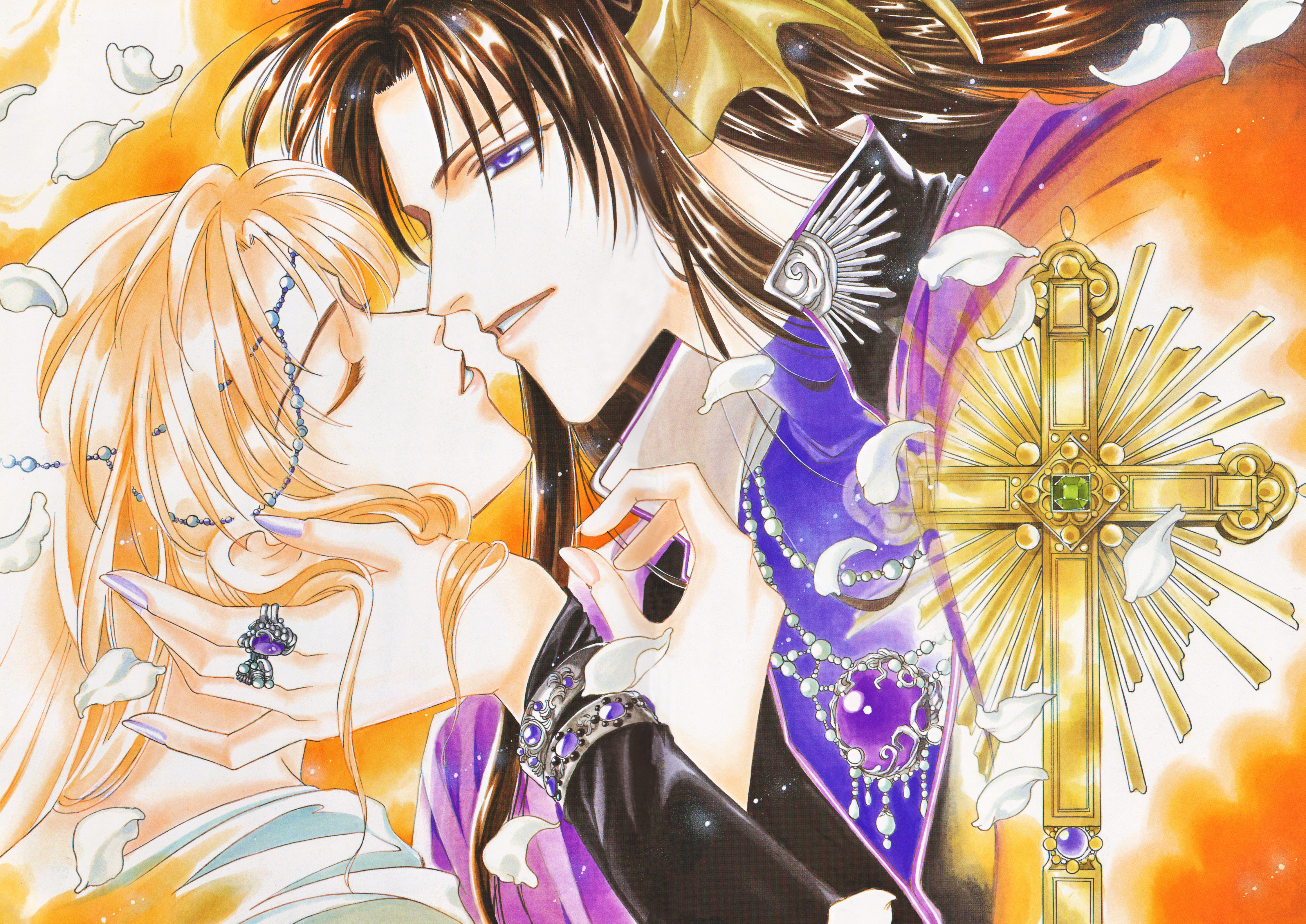 hilda (seimaden), laures, seimaden, absurdres, highres, tagme, bat wings, brown hair, closed eyes, couple, jewelry, petals, purple eyes, wings