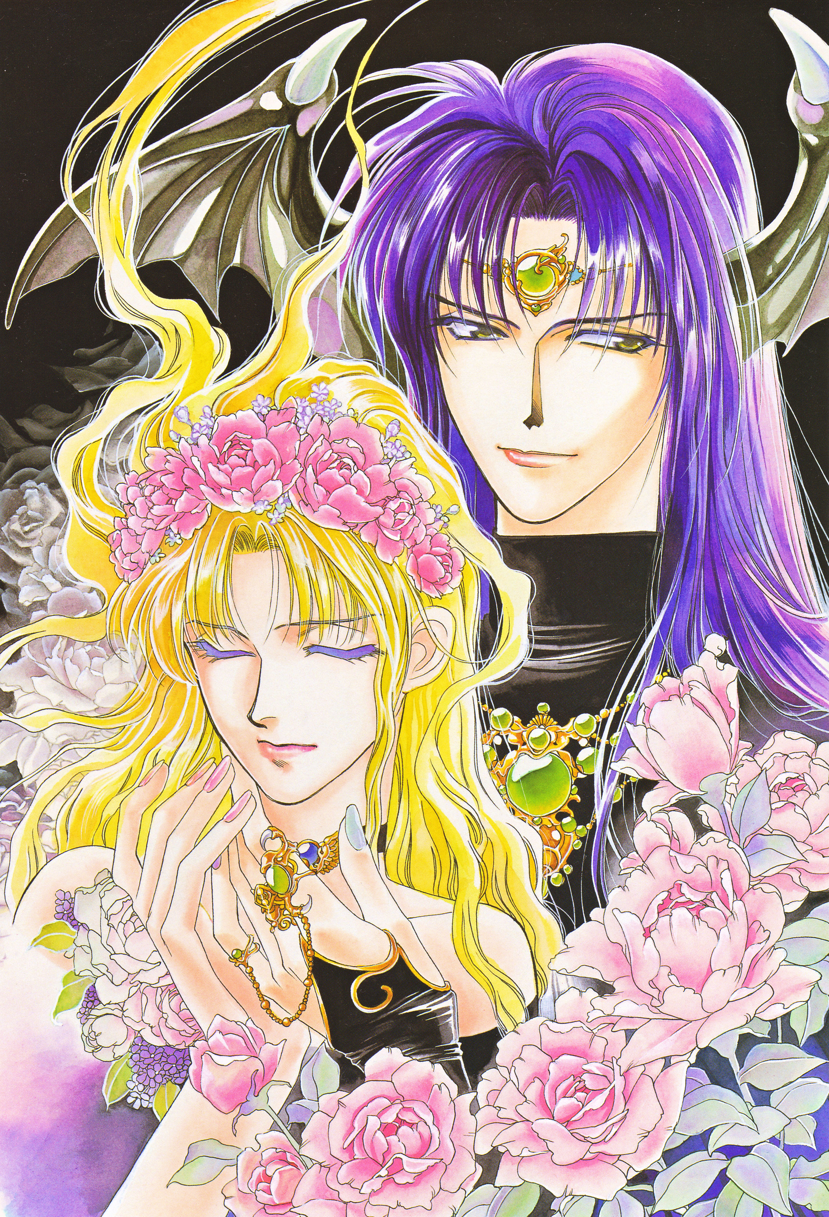 hilda (seimaden), laures, seimaden, absurdres, highres, tagme, bat wings, blonde hair, closed eyes, couple, flower, jewelry, nail polish, purple hair, wings, yellow eyes