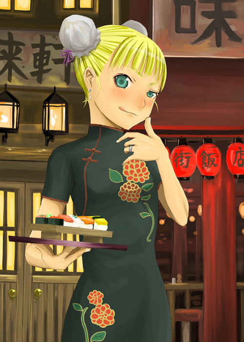 okiru, bad id, bad pixiv id, 1girl, :p, blonde hair, blue eyes, blunt bangs, bun cover, china dress, chinese clothes, double bun, dress, female focus, fish (food), food, freckles, hair bun, jewelry, lantern, nigirizushi, paper lantern, ring, short hair, solo, sushi, sushi geta, tongue, tongue out, tray, waitress