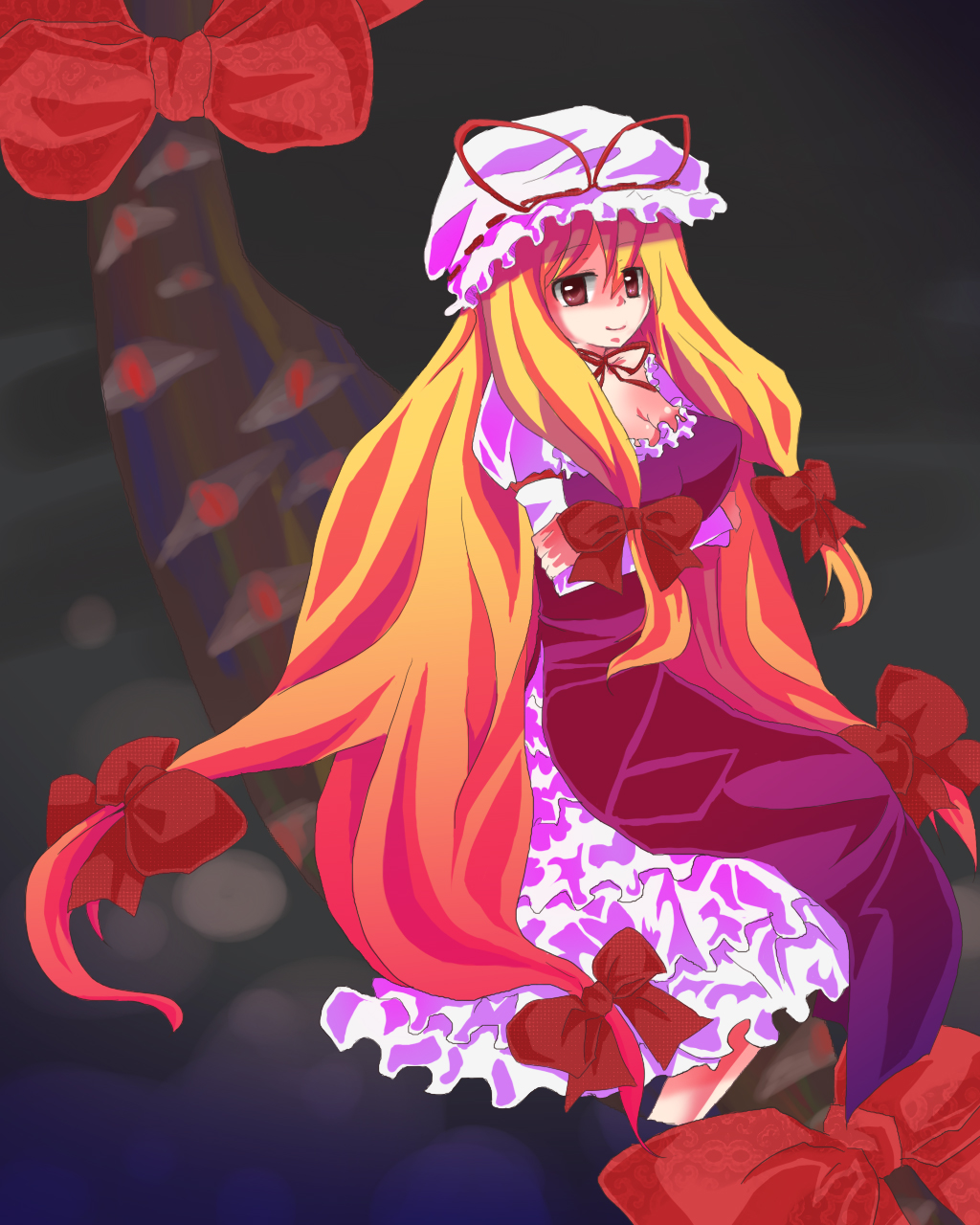 ichigon, ichigon (chigoso), yakumo yukari, touhou, bad id, bad pixiv id, highres, 1girl, blonde hair, female focus, gap (touhou), hair ribbon, hat, long hair, ribbon, solo