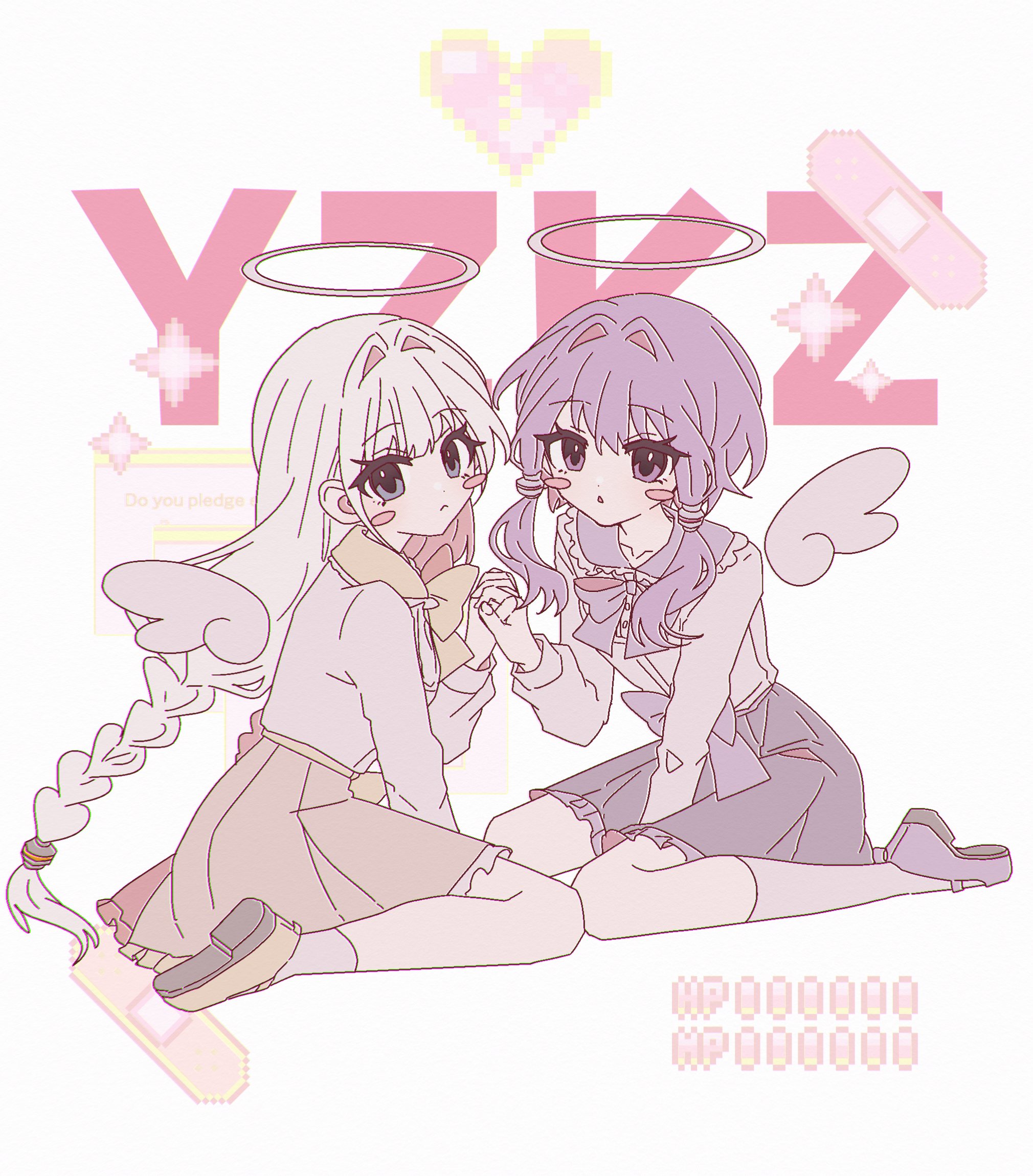 danjou sora, kizuna akari, yuzuki yukari, vocaloid, commentary, highres, 2girls, :<, alternate costume, angel wings, bandaid, between legs, black skirt, blue eyes, blush stickers, bow, bowtie, braid, brown skirt, character name, closed mouth, collared shirt, eyes visible through hair, frilled sailor collar, frilled skirt, frills, full body, hair intakes, halo, hand between legs, heart, loafers, long hair, low-tied sidelocks, low twin braids, multiple girls, open mouth, purple bow, purple eyes, purple hair, purple sailor collar, purple shoes, sailor collar, school uniform, shirt, shoes, sidelocks, simple background, sitting, skirt, socks, sparkle, triangle mouth, twin braids, very long hair, wariza, white background, white hair, white shirt, white socks, wings, yellow bow, yellow sailor collar, yellow shoes