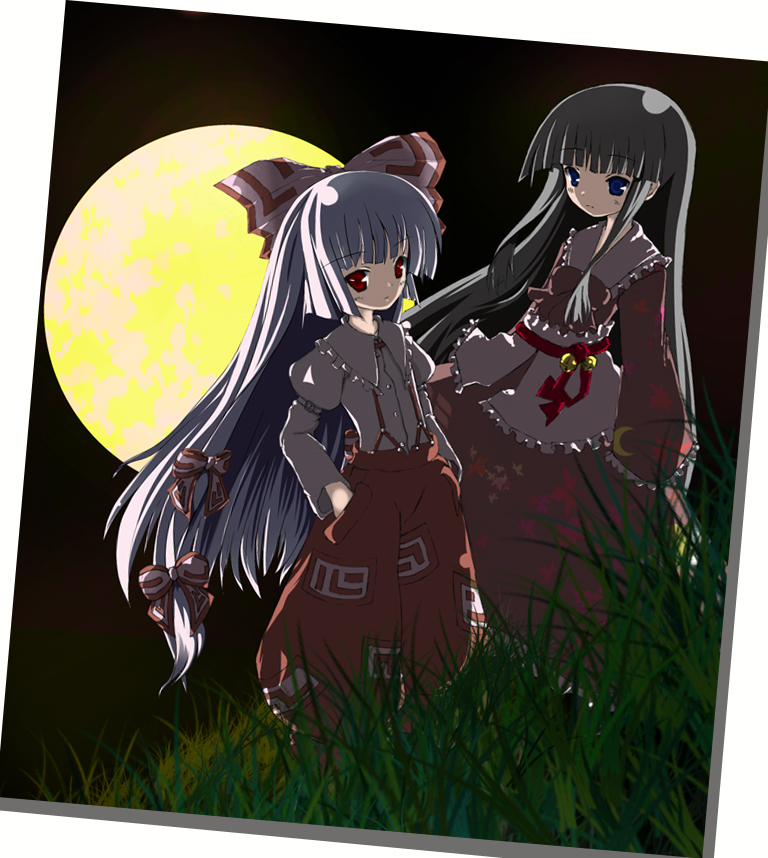 ekusutoy, fujiwara no mokou, houraisan kaguya, touhou, bad id, bad pixiv id, 2girls, black hair, female focus, long hair, moon, multiple girls, ribbon, white hair