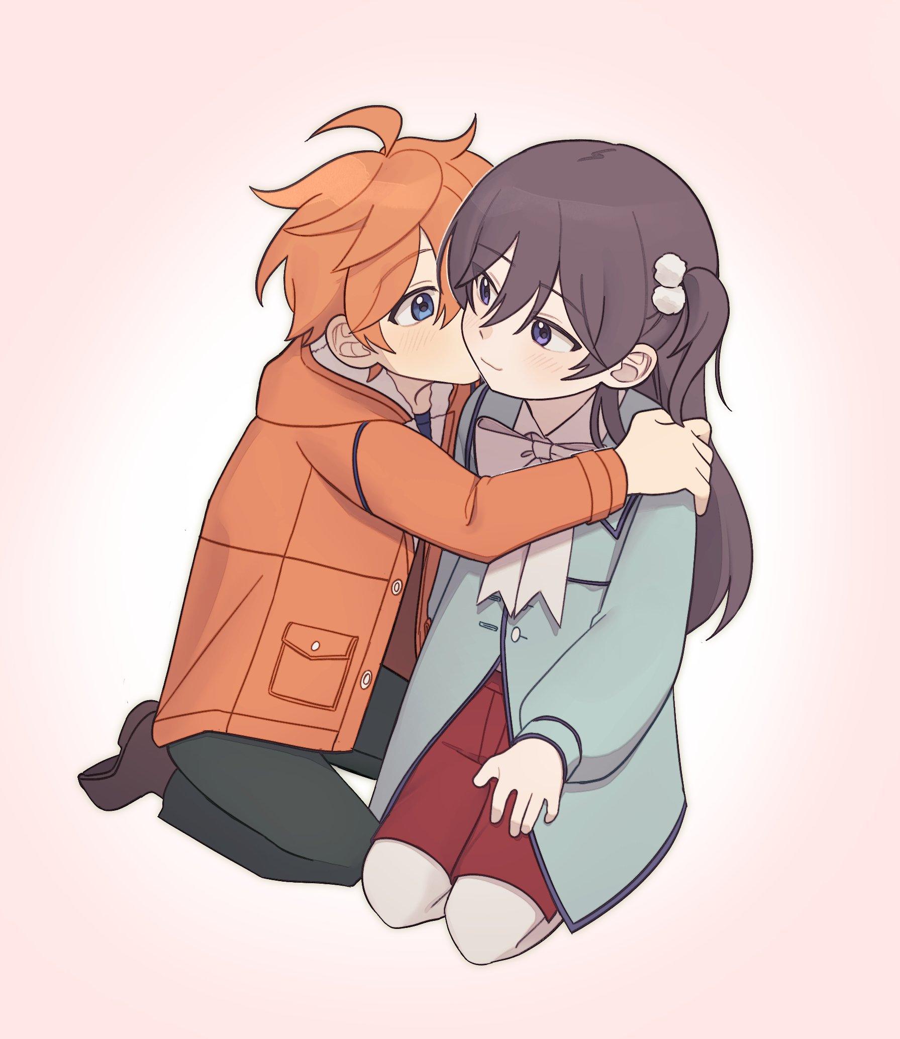 akehoshi subaru, hidaka hokuto, ensemble stars!, commentary, highres, korean commentary, 2boys, ahoge, bbahot, black hair, black pants, blue eyes, bow, closed mouth, crossdressing, crossdressing (mtf), hair between eyes, half updo, hood, hood down, hug, jacket, kiss, kissing cheek, kneeling, long hair, long sleeves, looking at another, male focus, multiple boys, open clothes, open jacket, orange hair, orange jacket, pants, red shoes, shoes, short hair, simple background, sitting, smile, wariza, white background, white bow
