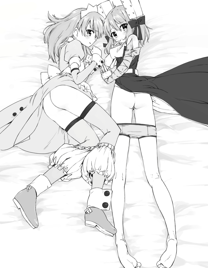 u (the unko), caloriemate, 2girls, ass, back, barefoot, bloomers, feet, female focus, greyscale, long hair, looking back, lying, maid, monochrome, multiple girls, panties, panty pull, short hair, thighhighs, underwear