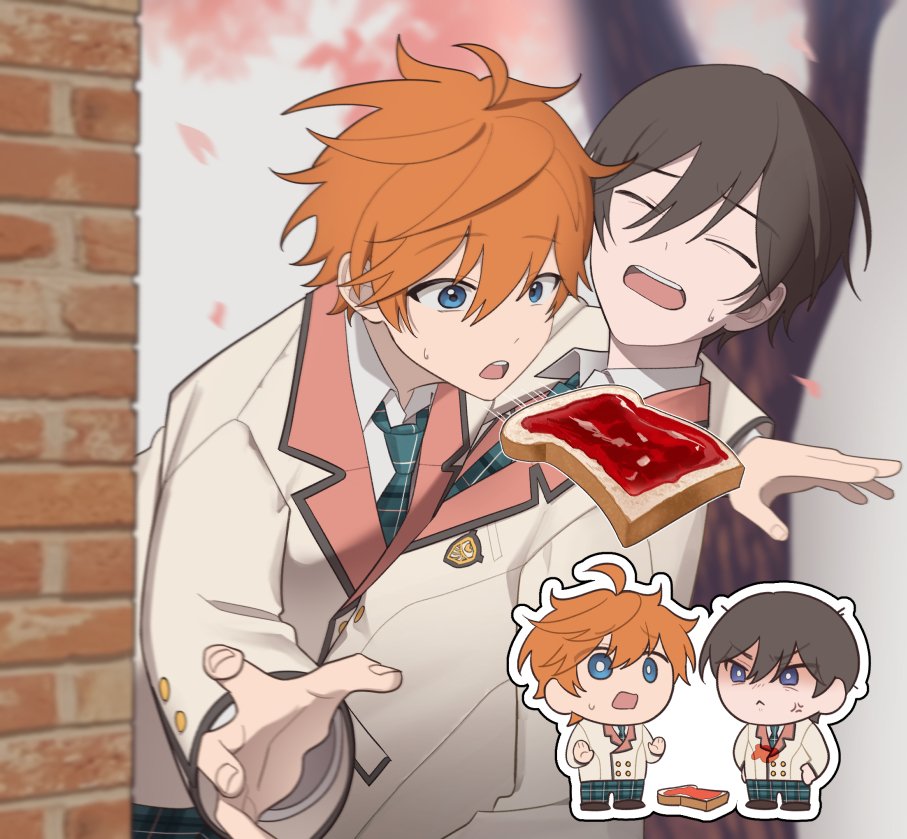 akehoshi subaru, hidaka hokuto, ensemble stars!, 2boys, ahoge, anger vein, bbahot, black hair, blue eyes, blurry, blurry background, bread, bread slice, chibi, chibi inset, closed mouth, falling petals, food, green necktie, hair between eyes, looking at object, male focus, multiple boys, necktie, open mouth, orange hair, petals, plaid clothes, plaid necktie, school uniform, short hair, sweat, teeth, toast, upper teeth only