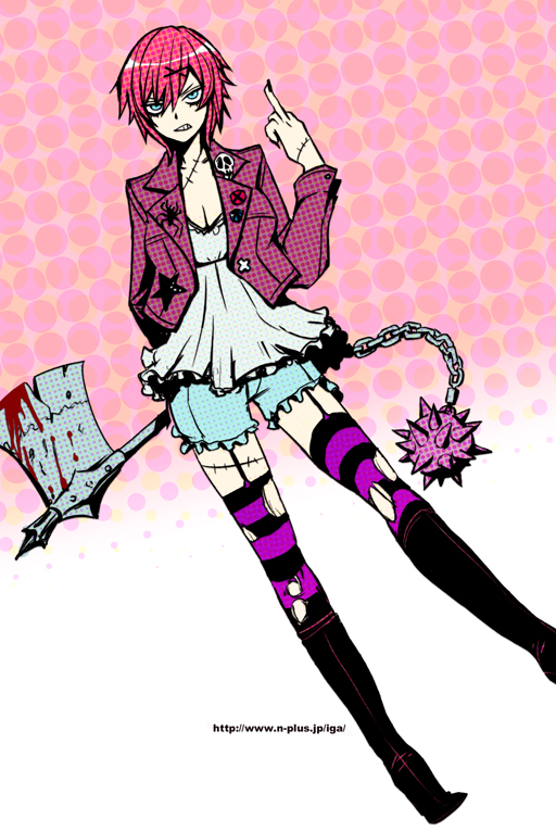 igarashi ran (igatz), igatz, original, bad id, bad pixiv id, stitched, third-party edit, 1girl, axe, blood, bloomers, blue bloomers, boots, female focus, garter belt, goth fashion, green eyes, hair ornament, hairclip, middle finger, pink hair, scar, short hair, solo, stitches, striped clothes, striped thighhighs, thighhighs, torn clothes, torn thighhighs, underwear, weapon