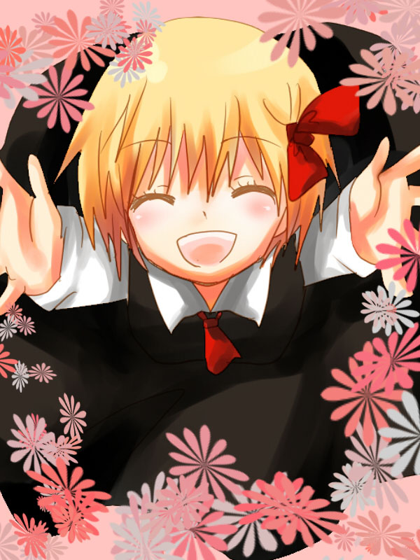 nightbug, rumia, embodiment of scarlet devil, touhou, bad id, bad pixiv id, 1girl, blonde hair, closed eyes, female focus, ribbon, smile, solo